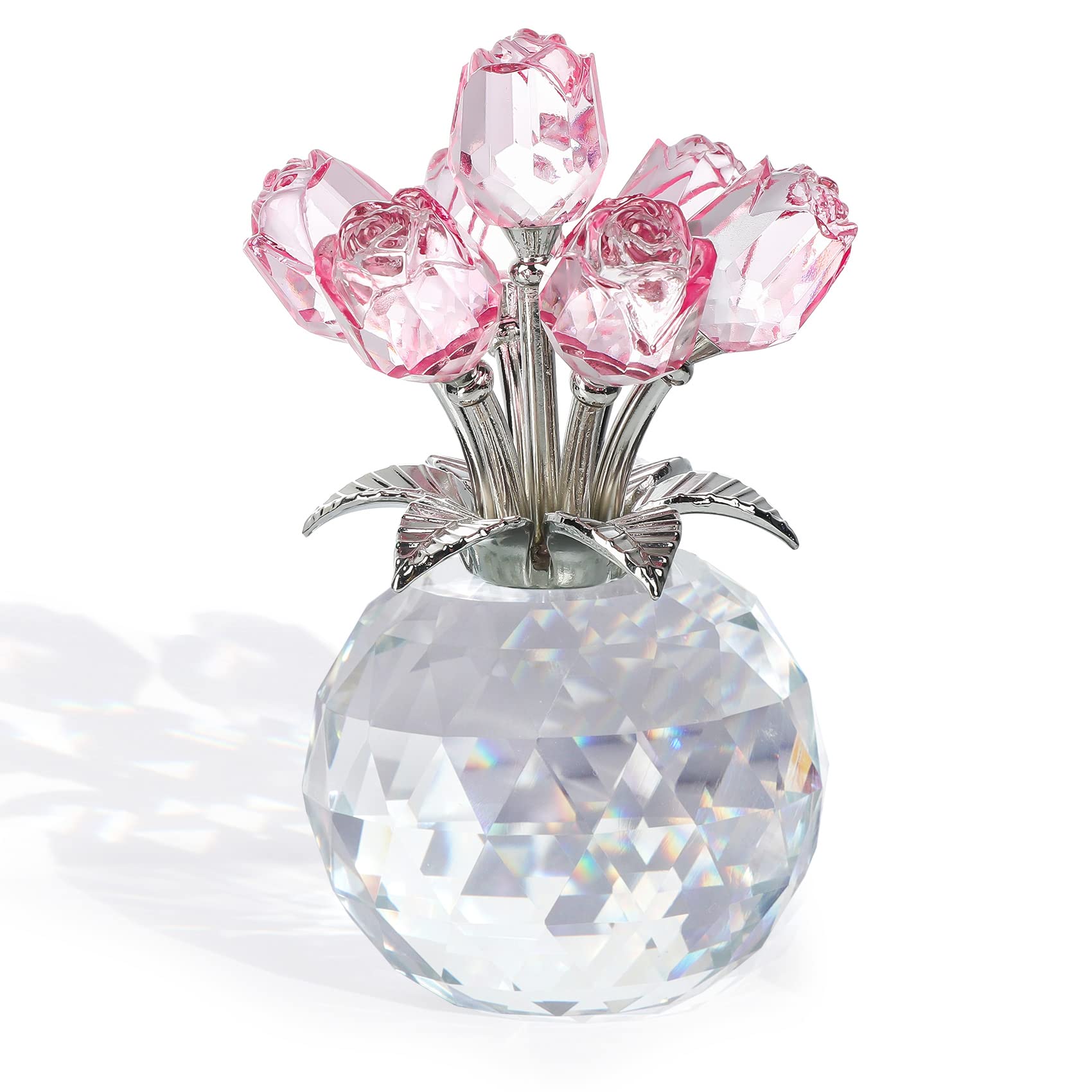 Crystal Pink Rose Bouquet Figurine with Round Glass Vase