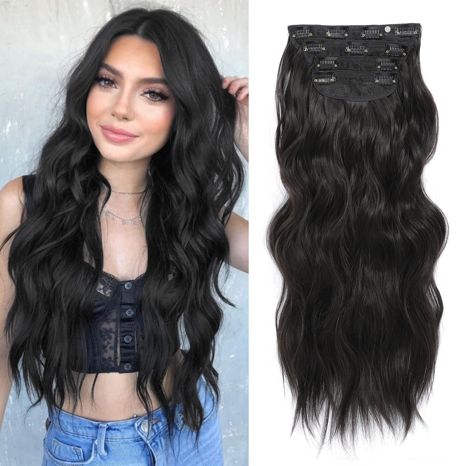 20" Wavy Clip-in Hair Extensions | 4PCS Dark Brown Synthetic