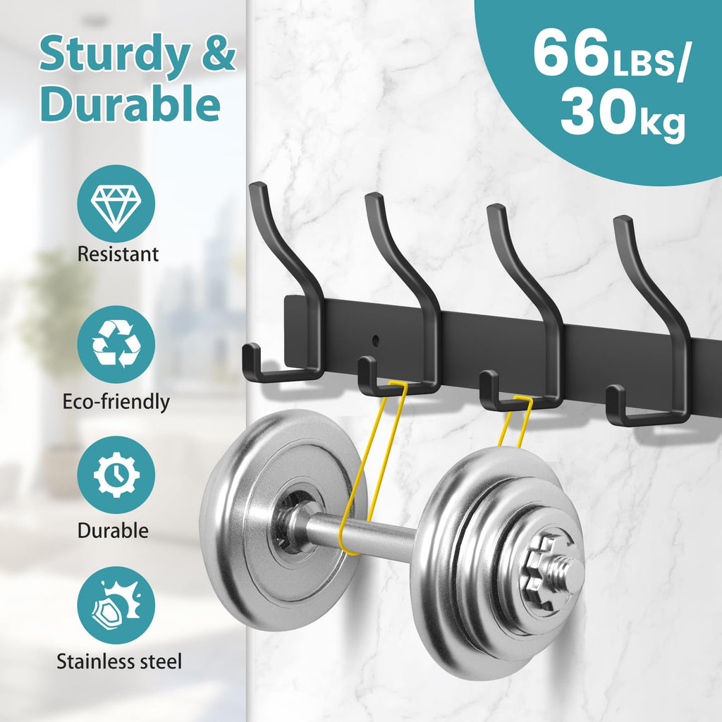 MEIJO Coat Hooks Wall Mounted Stainless Steel, Black Coat Rack Wall Mounted with 4 Hooks Heavy Duty Coat Hooks for Door, Bathroom, Bedroom, Kitchen - image 4