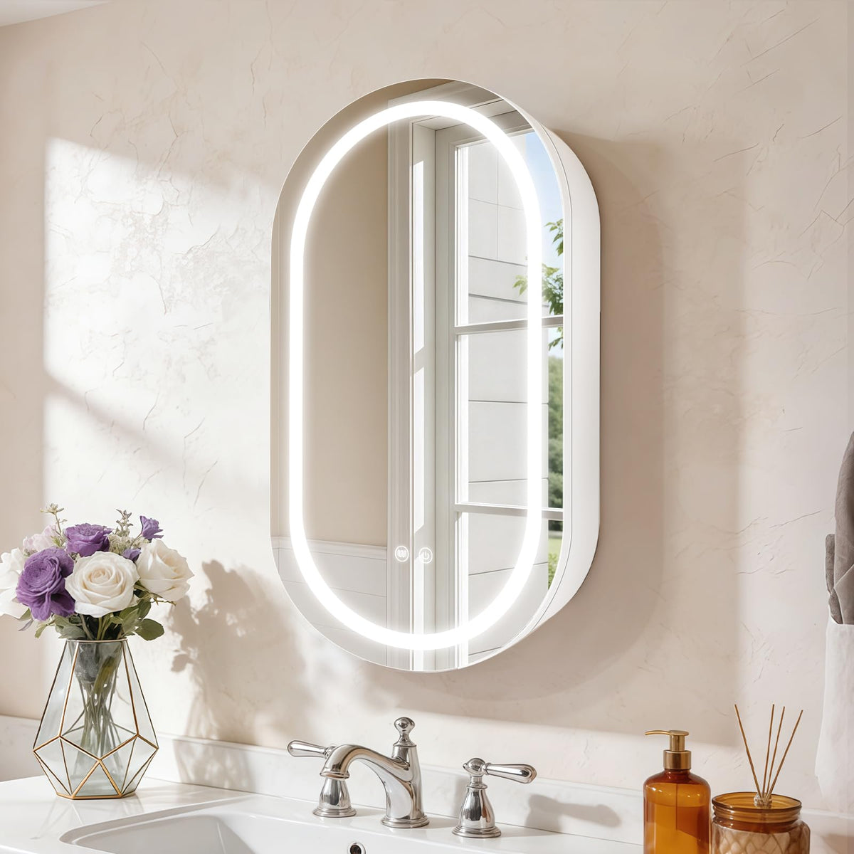 Janboe Oval Mirror Cabinet with Light,41×71cm,3 Colors&Dimmer,Defogger,Internal LIghting,Powerer Coating Iron,USB Shaver Socket,White - image 1