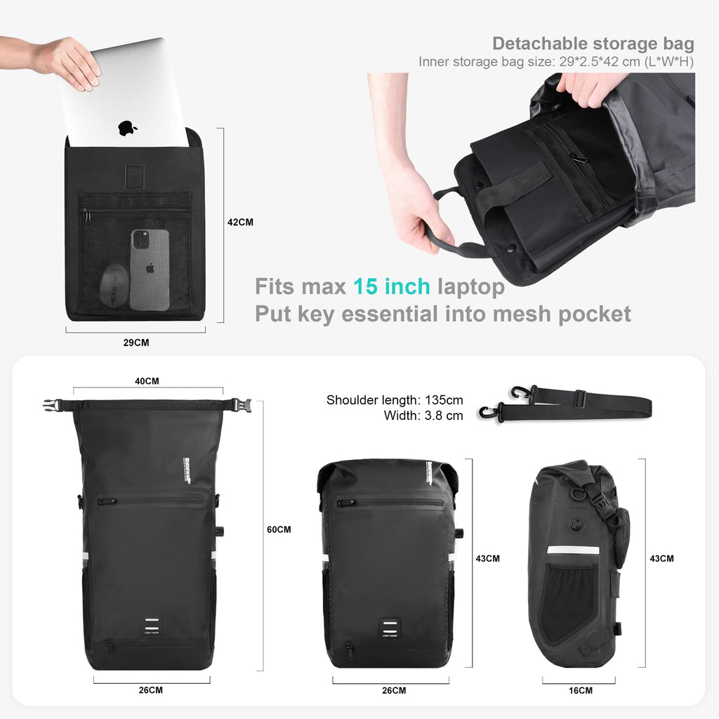 Rhinowalk 22L Waterproof Bike Pannier Bag | 15" Laptop Backpack