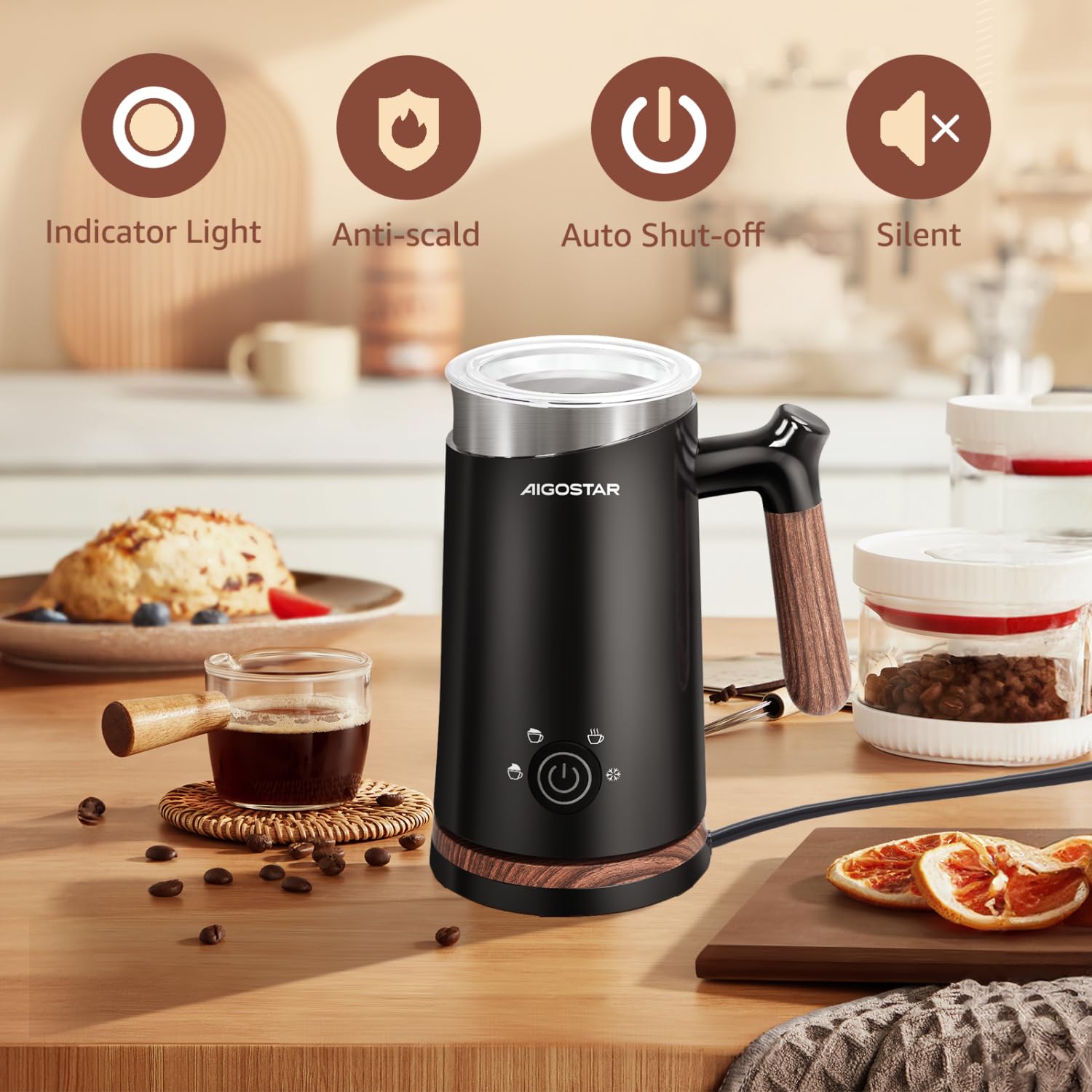 Aigostar 4-in-1 Electric Milk Frother and Warmer | 300ml Milk Steamer