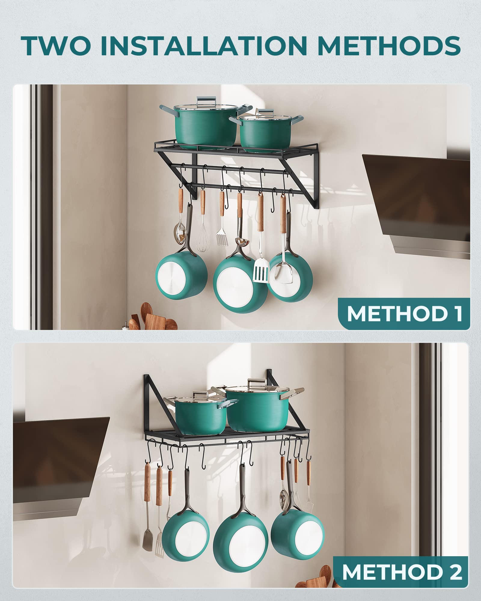 OROPY Wall Mount Pot Pan Rack | 60cm Metal Kitchen Shelf with 12 Hooks