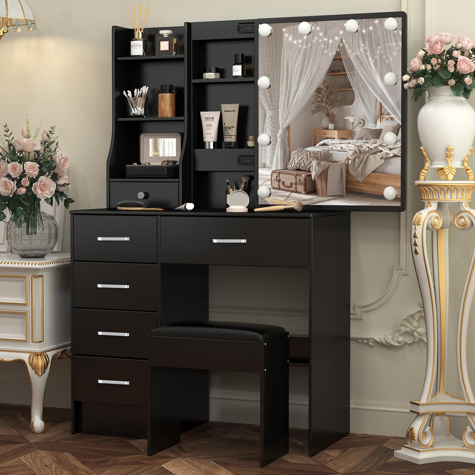 Saimeihome Makeup Vanity Desk with LED Mirror, 6 Drawers & Stool - Black