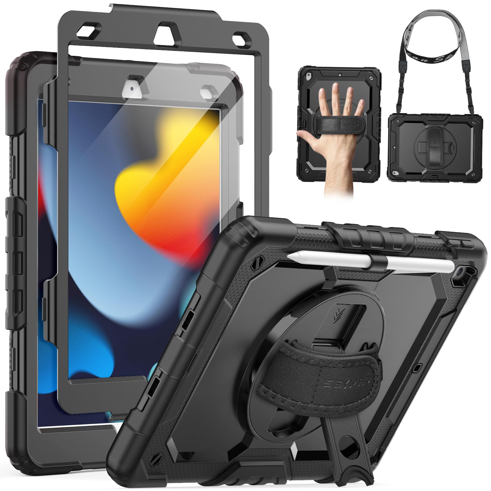 SEYMAC iPad 10.2 Case - Shockproof Cover with 360 Rotating Stand & Strap