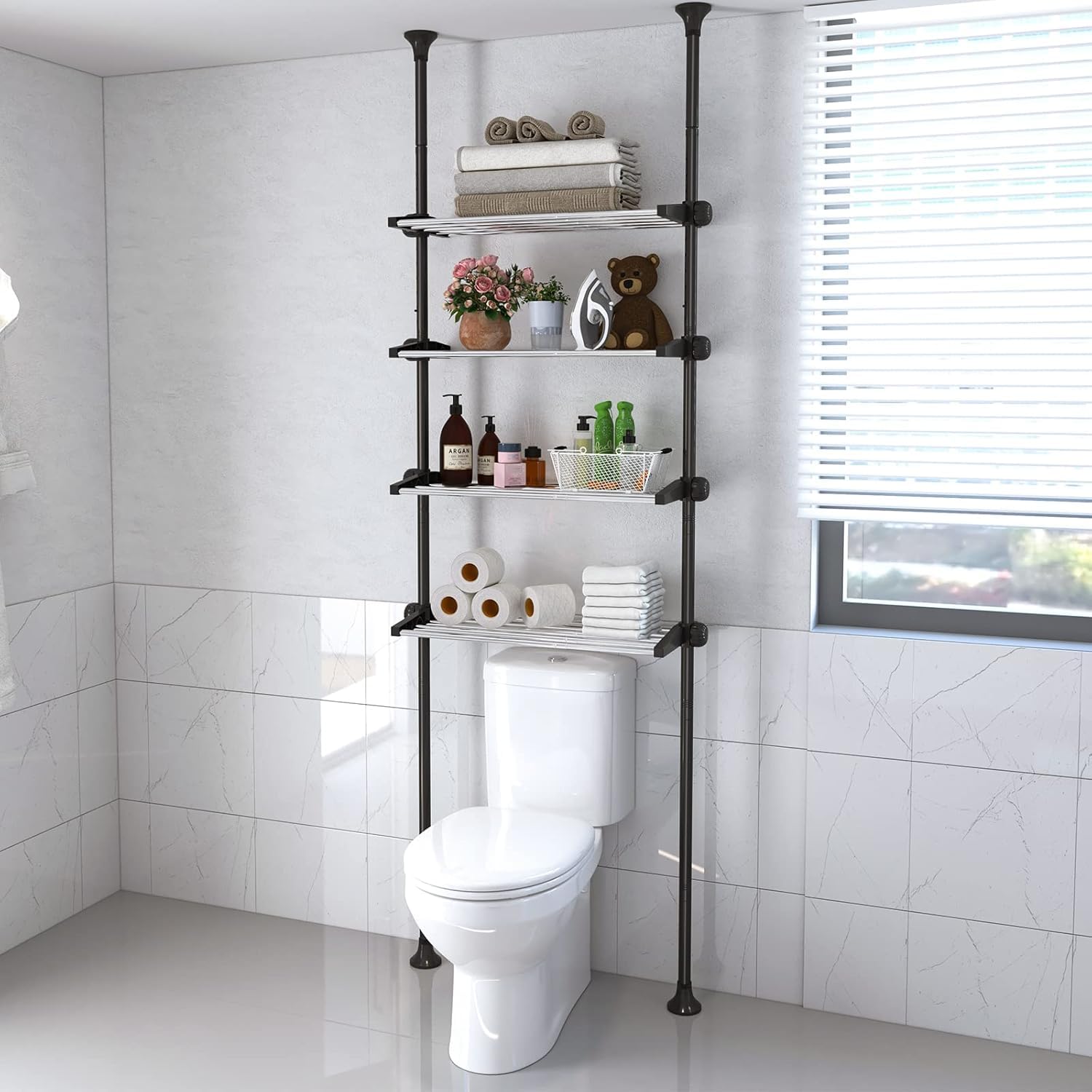 DAKEPOLE Over Toilet Shelf | 4-Tier Adjustable Tension Rod Storage