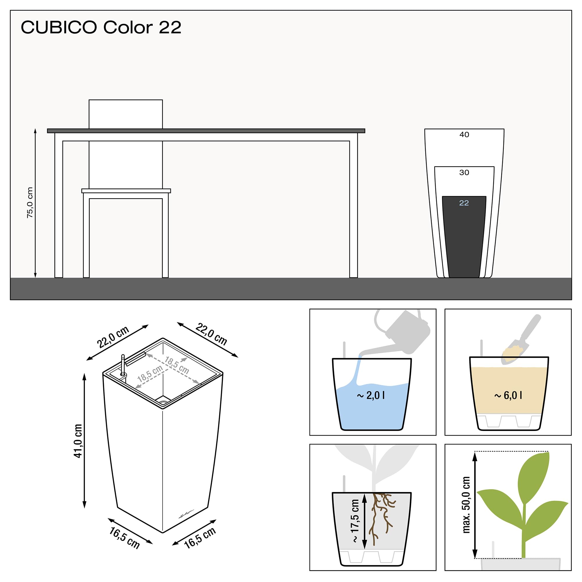 Lechuza CUBICO Color 22 Self-Watering Planter | White Plastic Pot