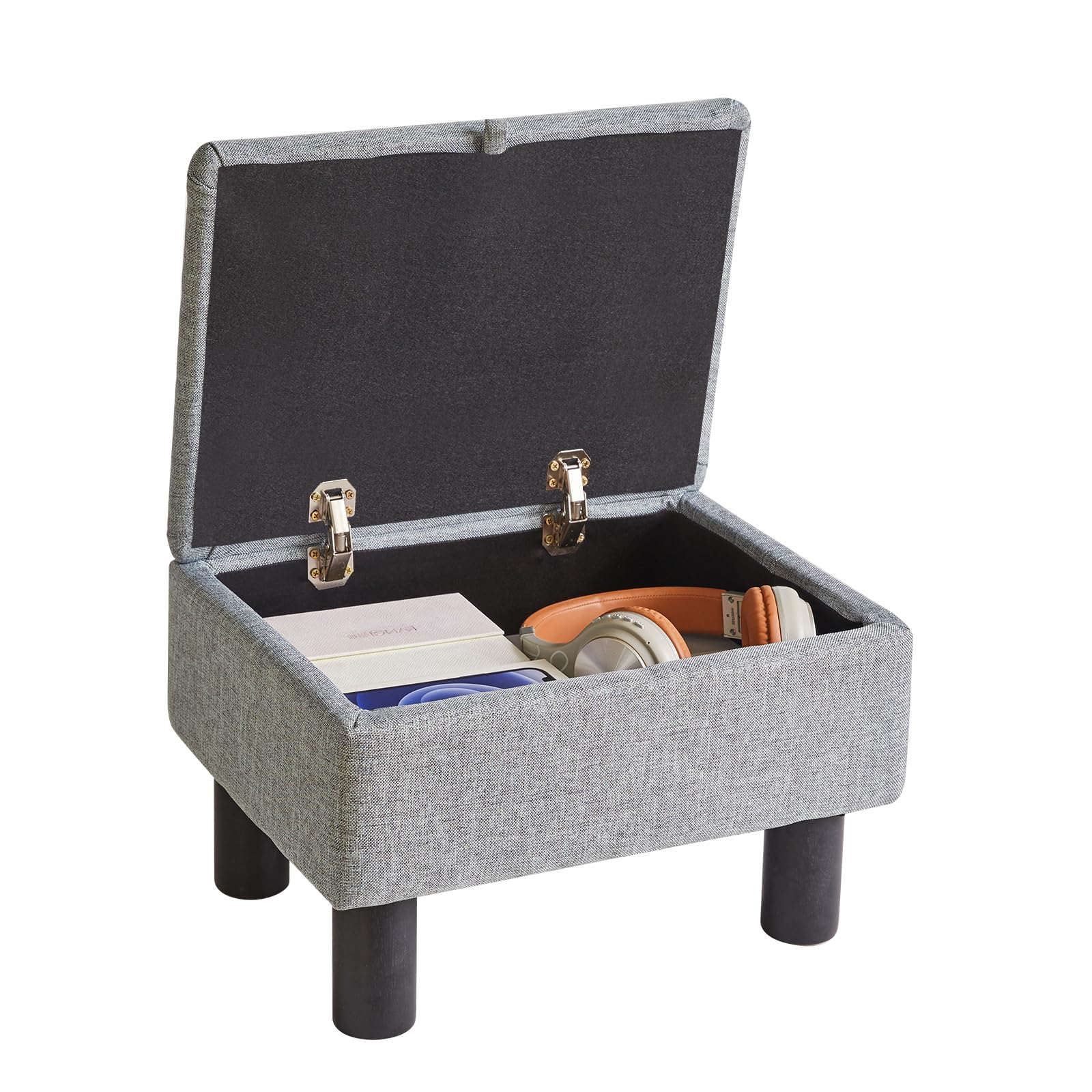 Aibiju Small Storage Ottoman – Linen Foot Stool with Wooden Legs, Blue Grey