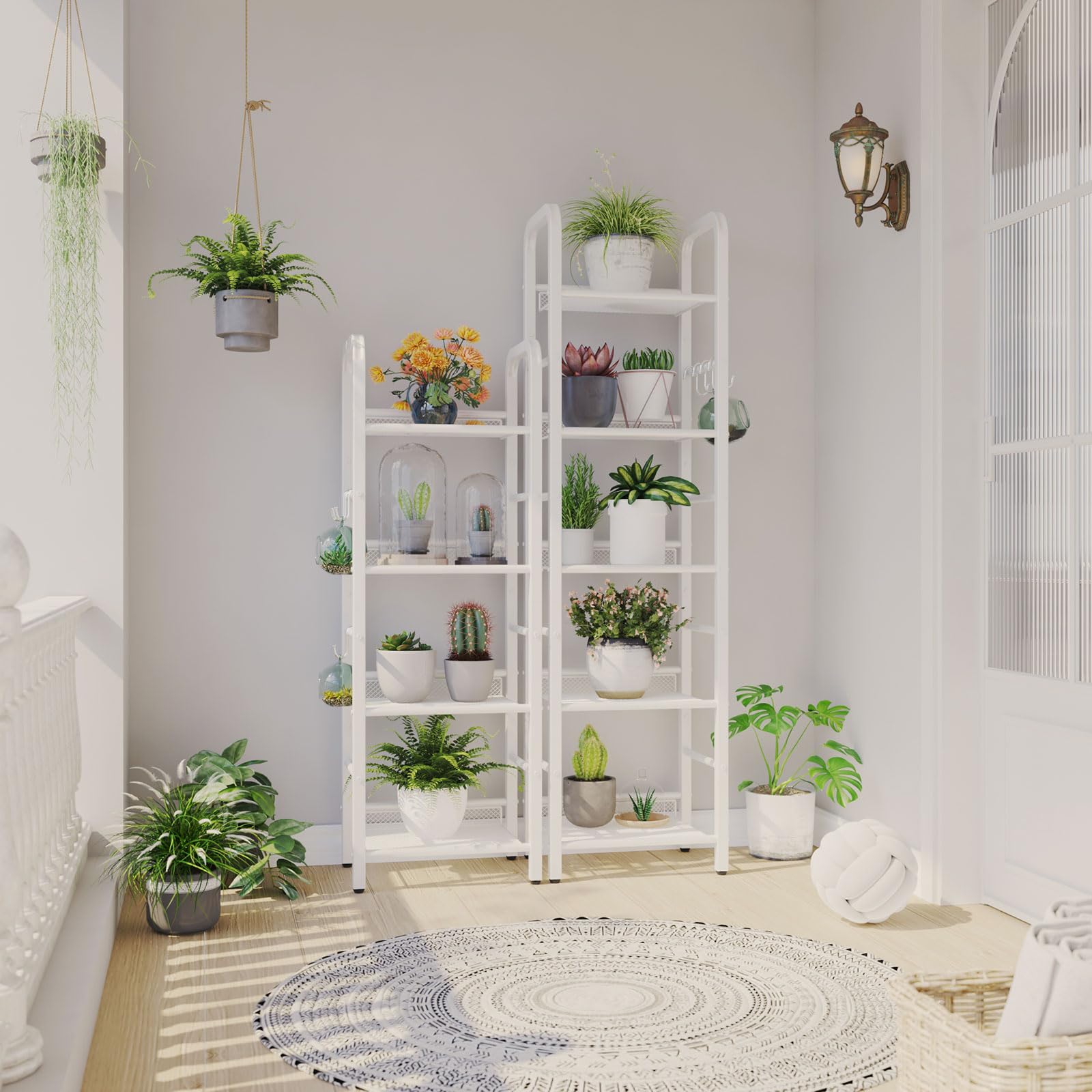 YMYNY 5-Tier Metal Bookshelf – Modern Storage Shelf with 8 S-Hooks, White