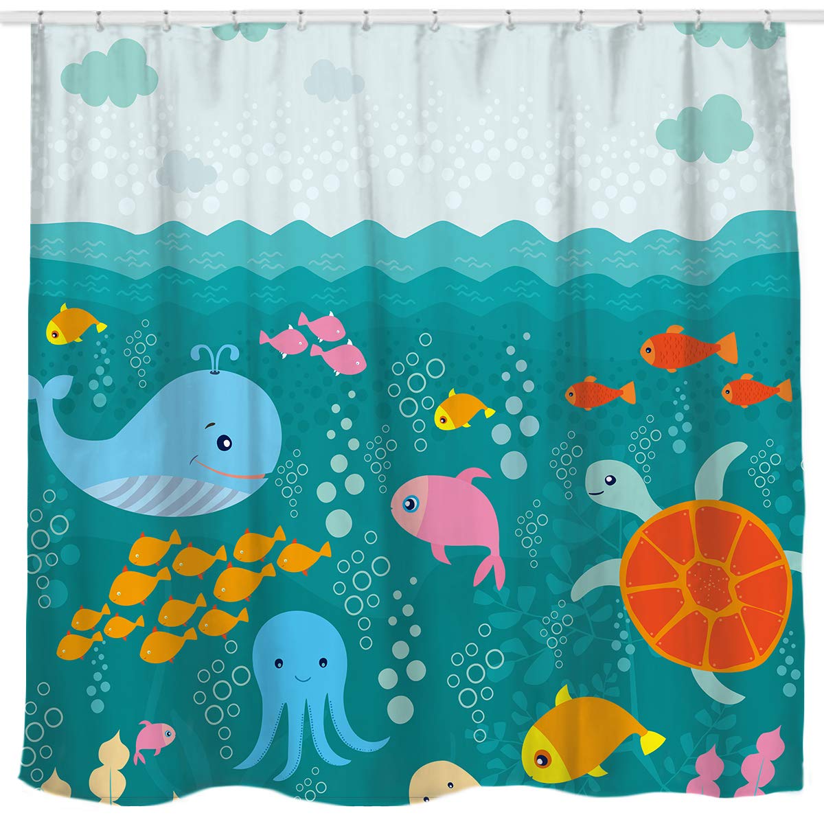 Sunlit Cartoon Sea Creatures Kids Shower Curtain | 71x71 Polyester