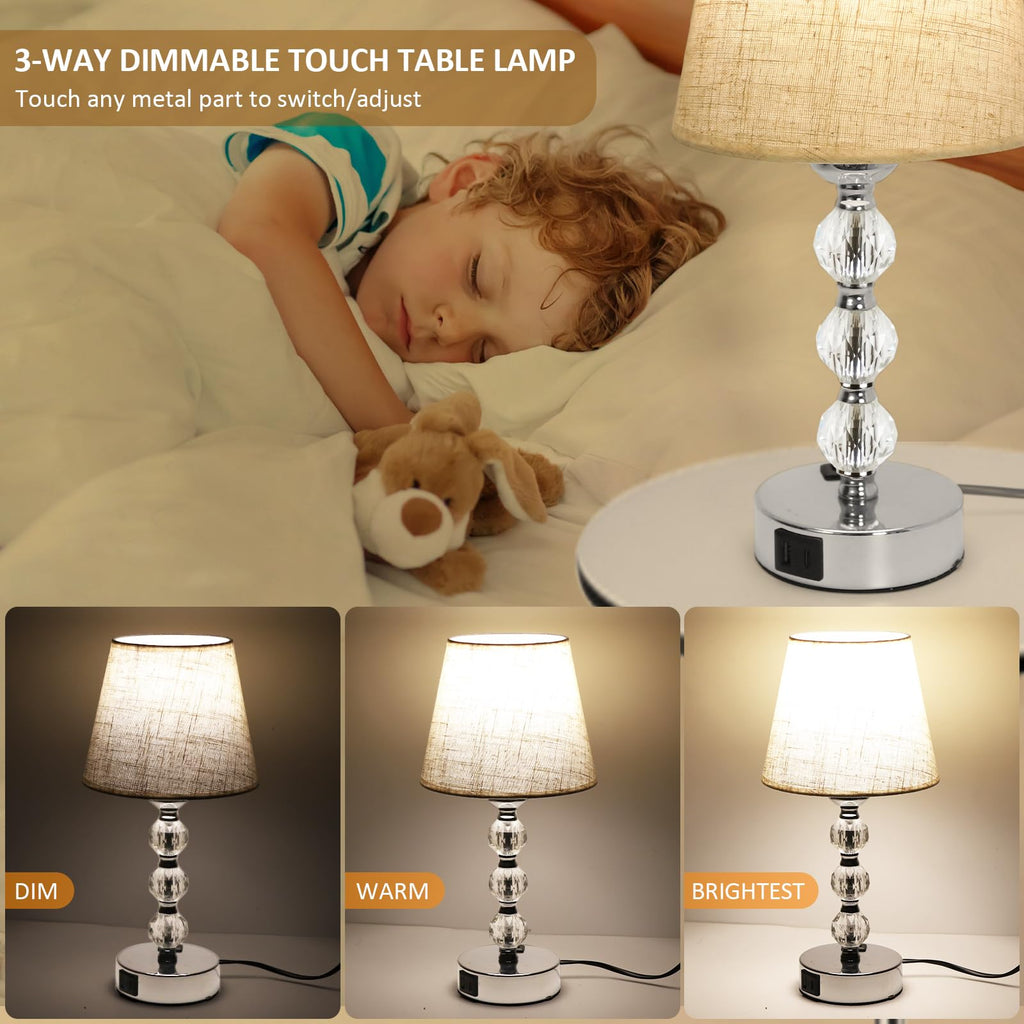 Euxper Crystal Bedside Table Lamps | 3-Way Dimmable Touch Control, Set of 2