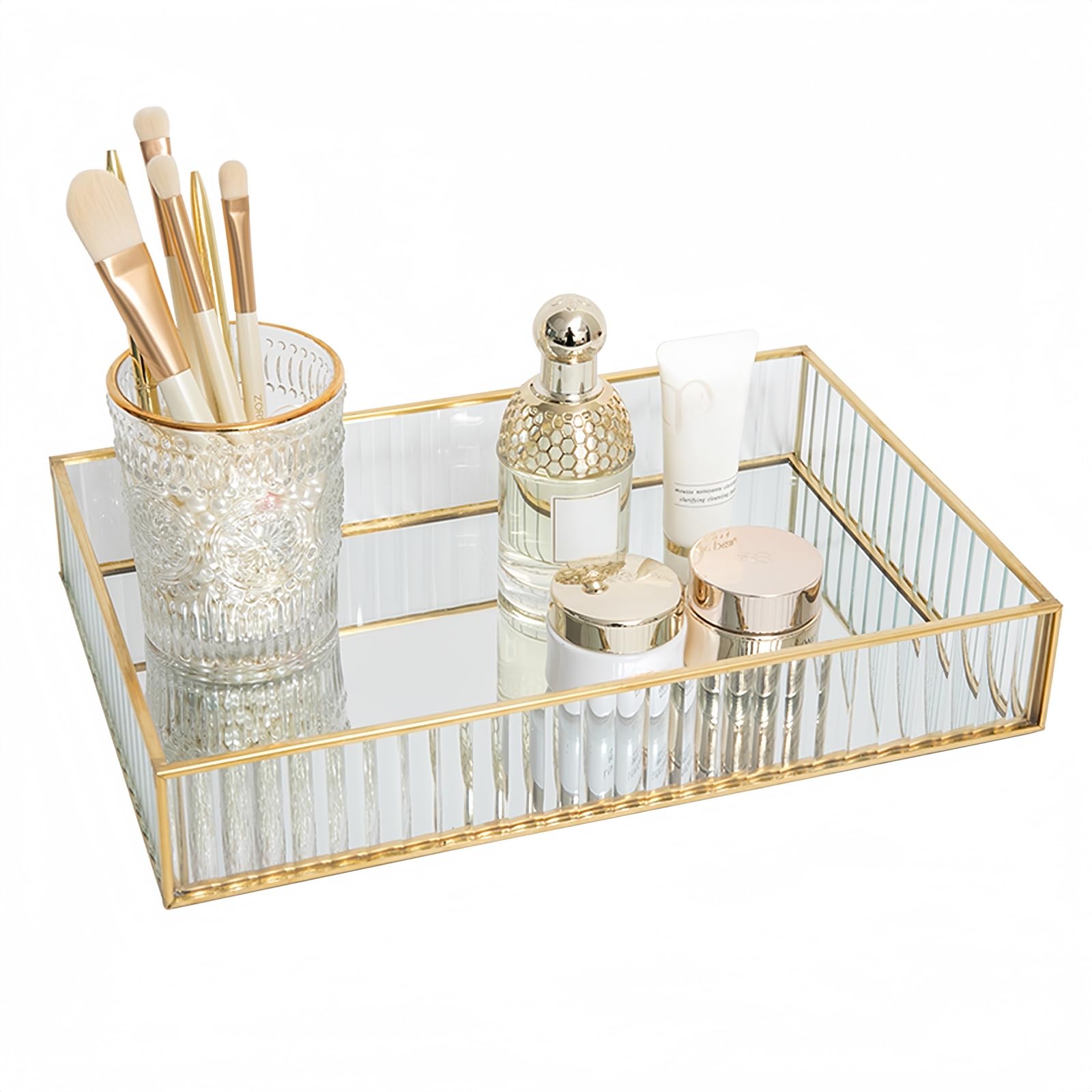 SLHEQING Vintage Gold Mirror Tray – Glass Jewelry and Perfume Organizer