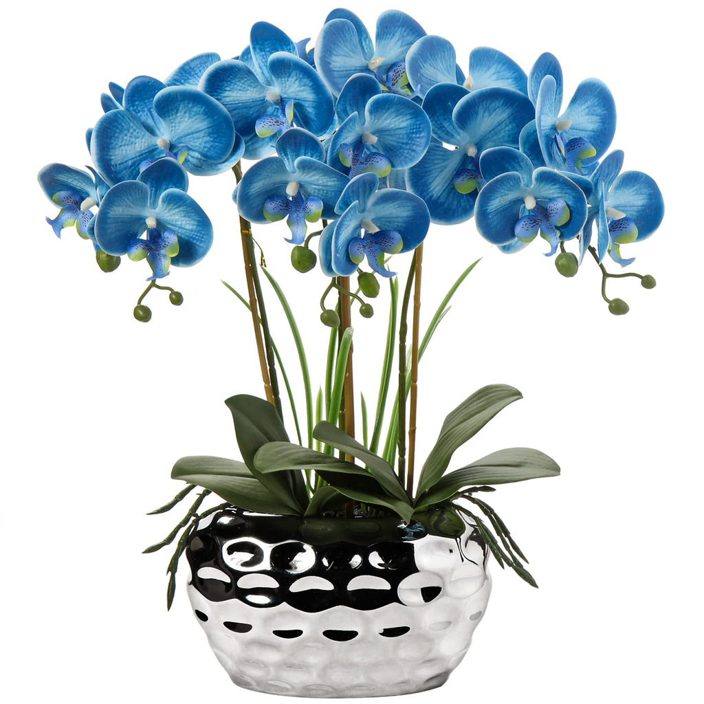 Briful 17" Artificial Phalaenopsis Orchid in Silver Ceramic Pot | Blue