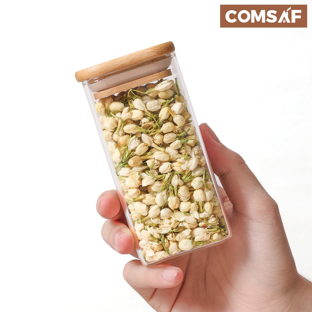 ComSaf 10oz Glass Spice Jars with Bamboo Lids - 12 Pack Square Containers