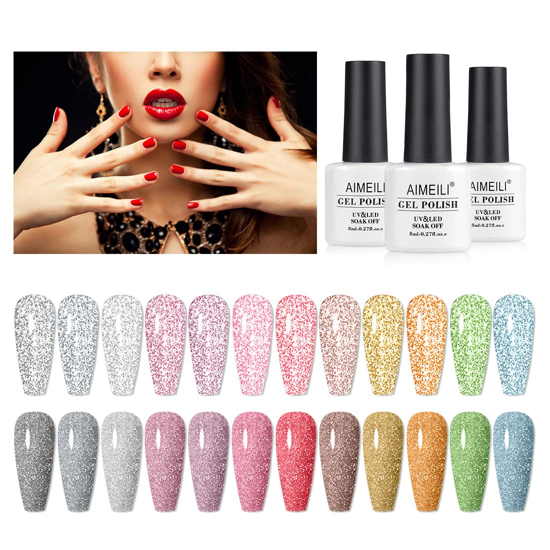 AIMEILI Reflective Glitter Gel Nail Polish Set - 12 Colors UV LED Soak Off