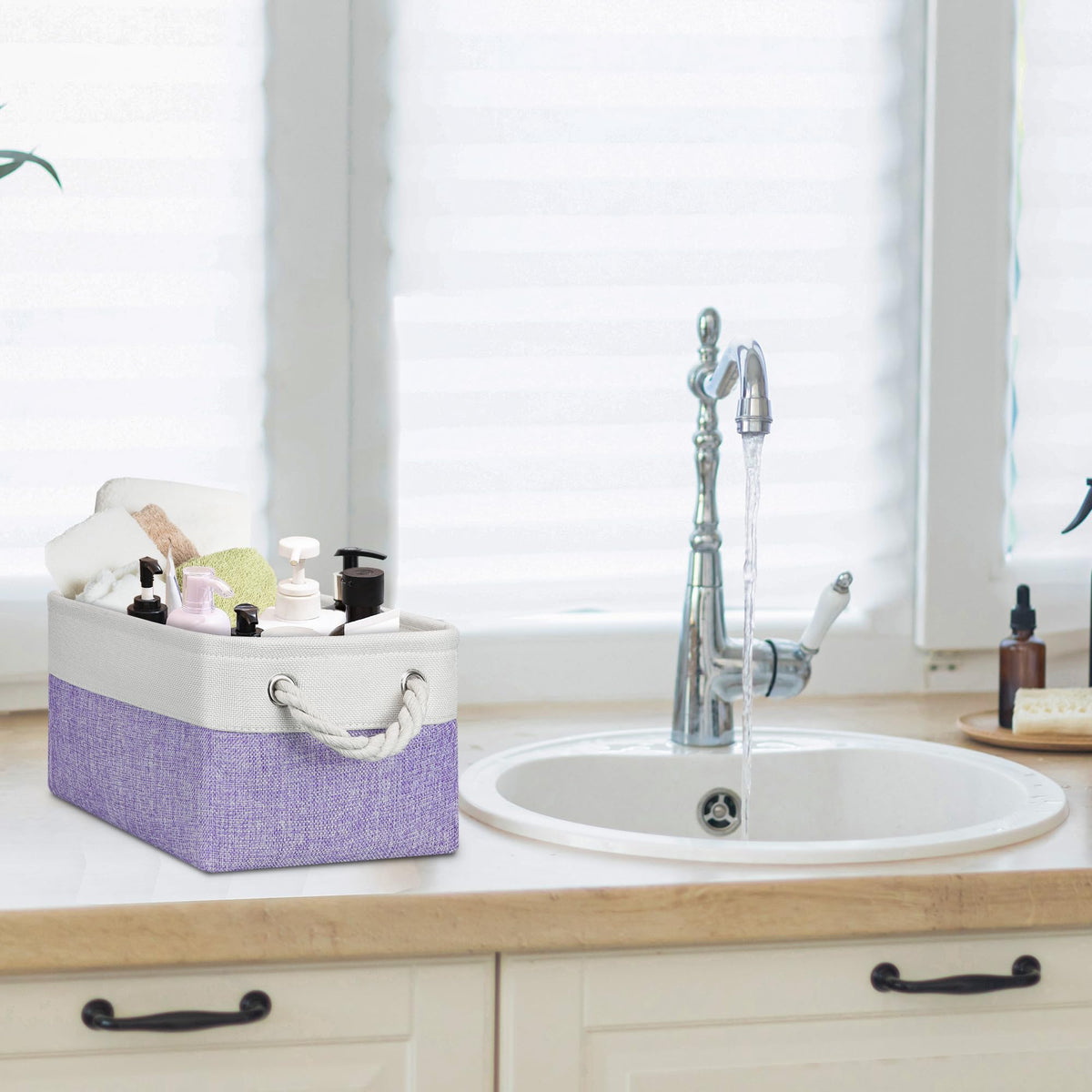 PWVMWM Small Storage Baskets with Rope Handles, Collapsible Fabric Storage Box, Small Linen Basket for Bedroom Bathroom Cupboards Shelves Wardrobe - image 5