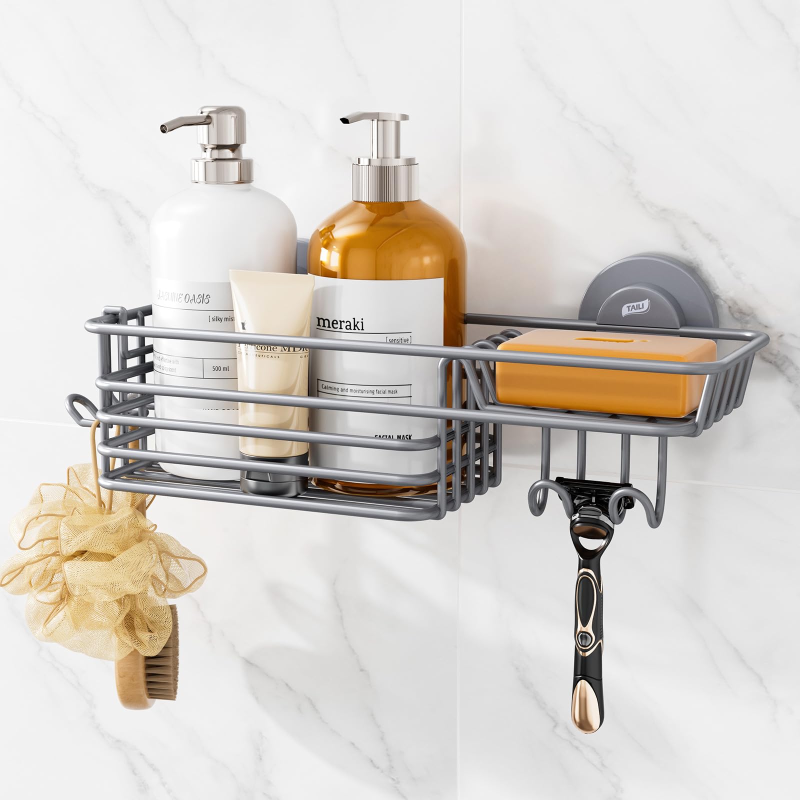 TAILI Suction Cup Shower Caddy – Rustproof Bathroom Organizer with Hooks