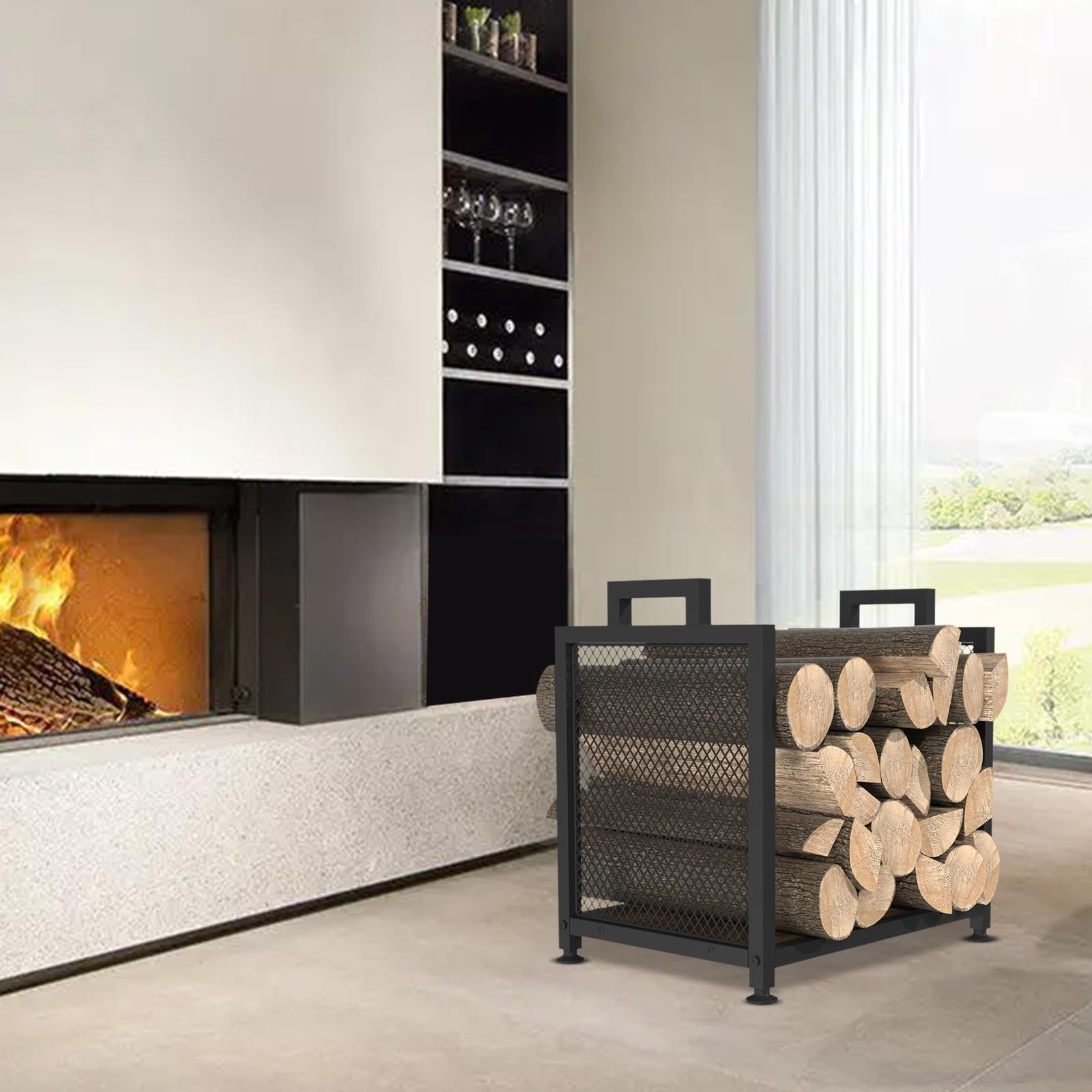 VyGrow Indoor Firewood Rack – Heavy Duty Metal Log Holder with Leather Carrier