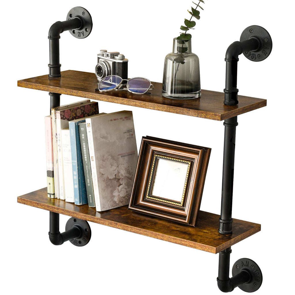 IBUYKE Industrial Pipe Floating Shelves – 2-Tier Wood Wall Storage Unit