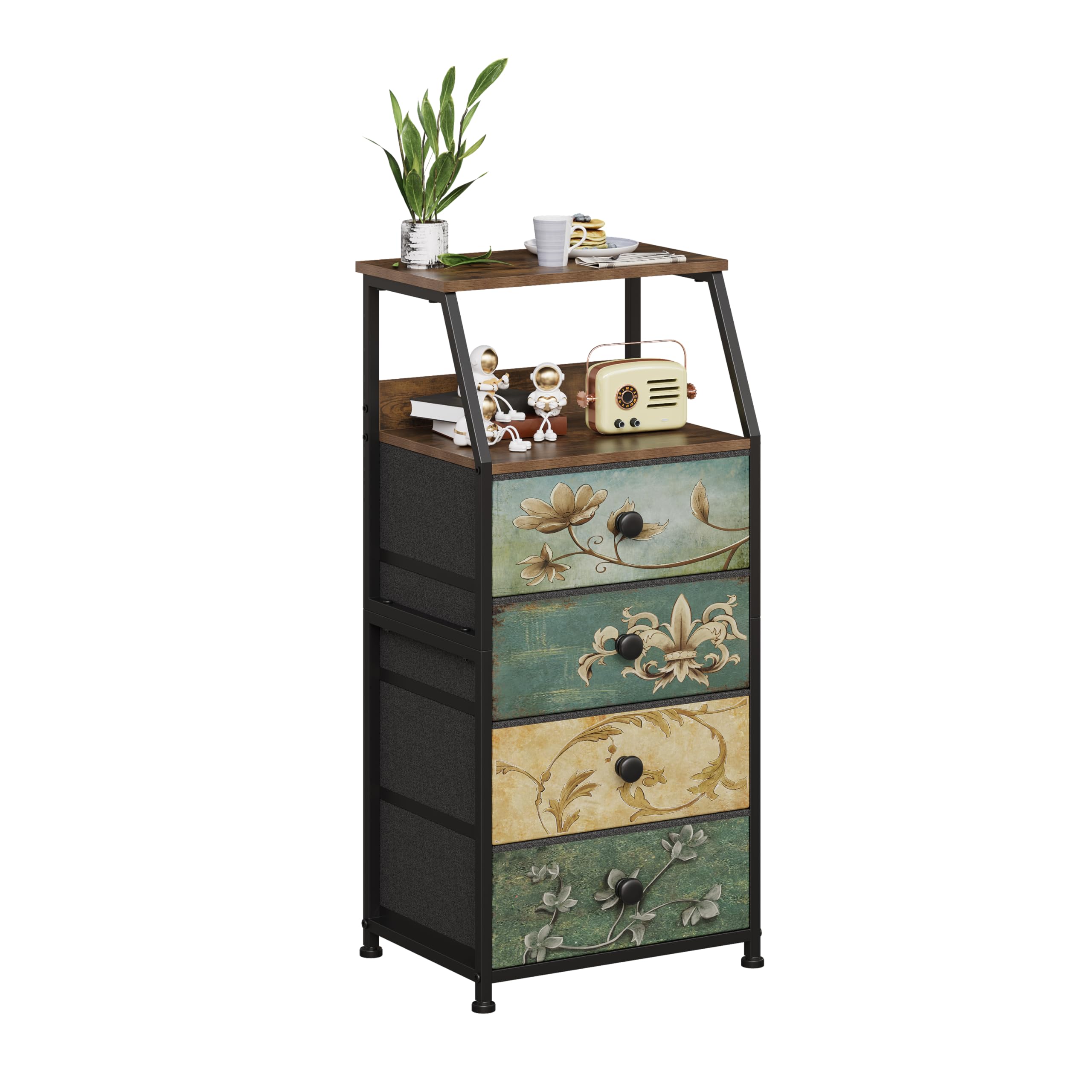 VEDECASA Slim 4 Drawer Chest – Retro Fabric Bedside Table with Wood Top
