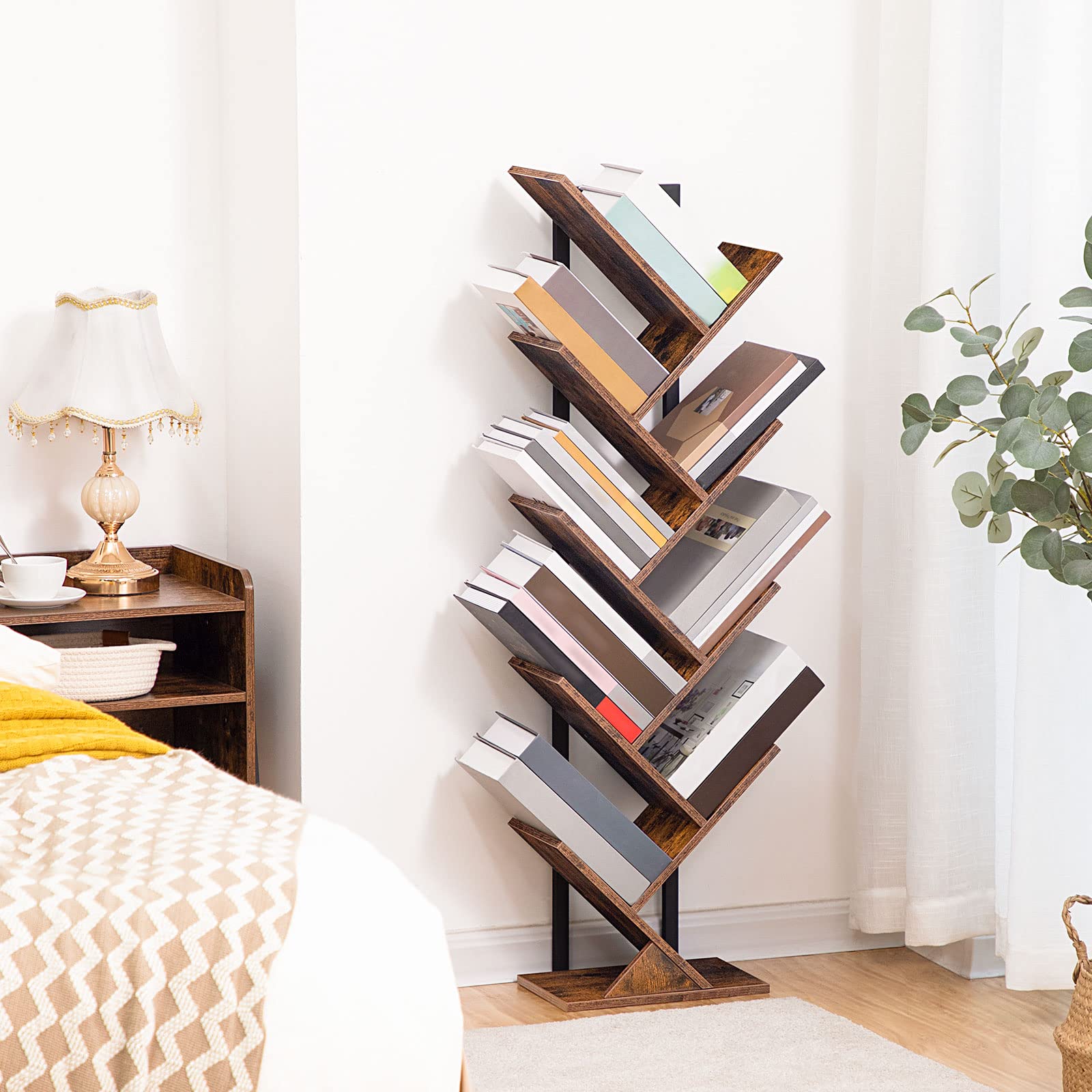 HOOBRO 9-Tier Tree Bookshelf – Industrial Floor Standing Tall Bookcase