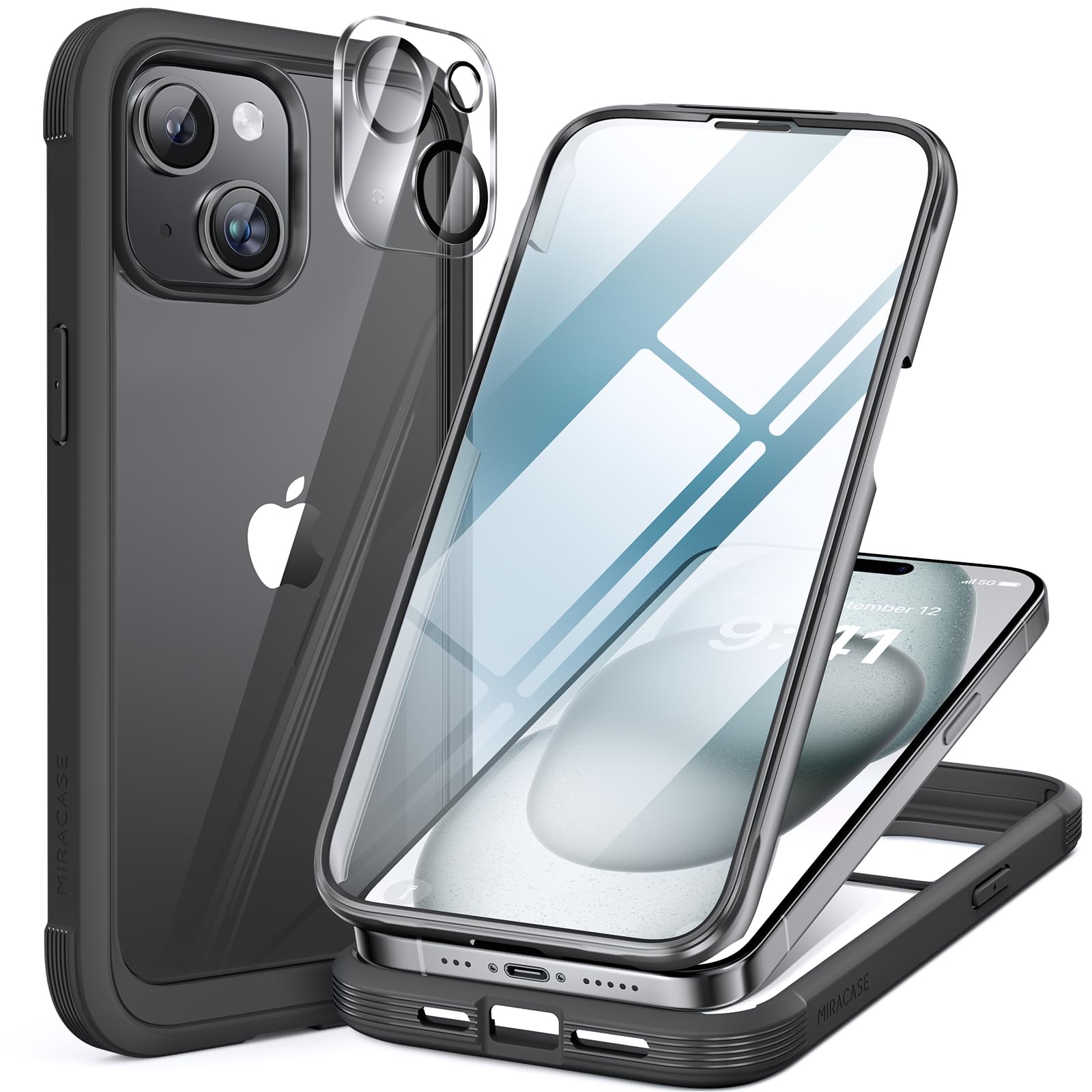 Miracase iPhone 15 Case - Full Body Clear Cover with Glass Protector