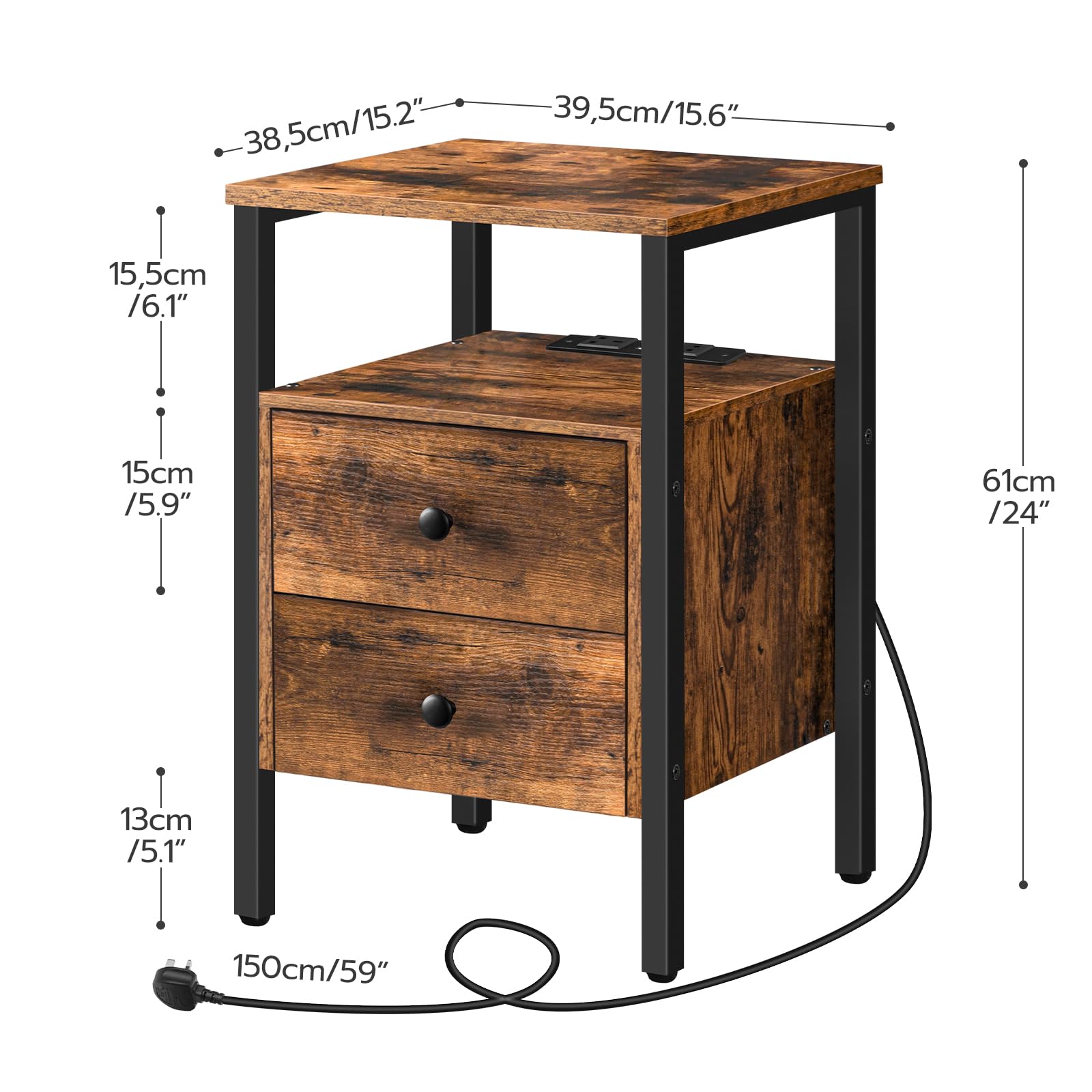 HOOBRO Bedside Table with Charging Station | 2-Drawer Rustic Nightstand