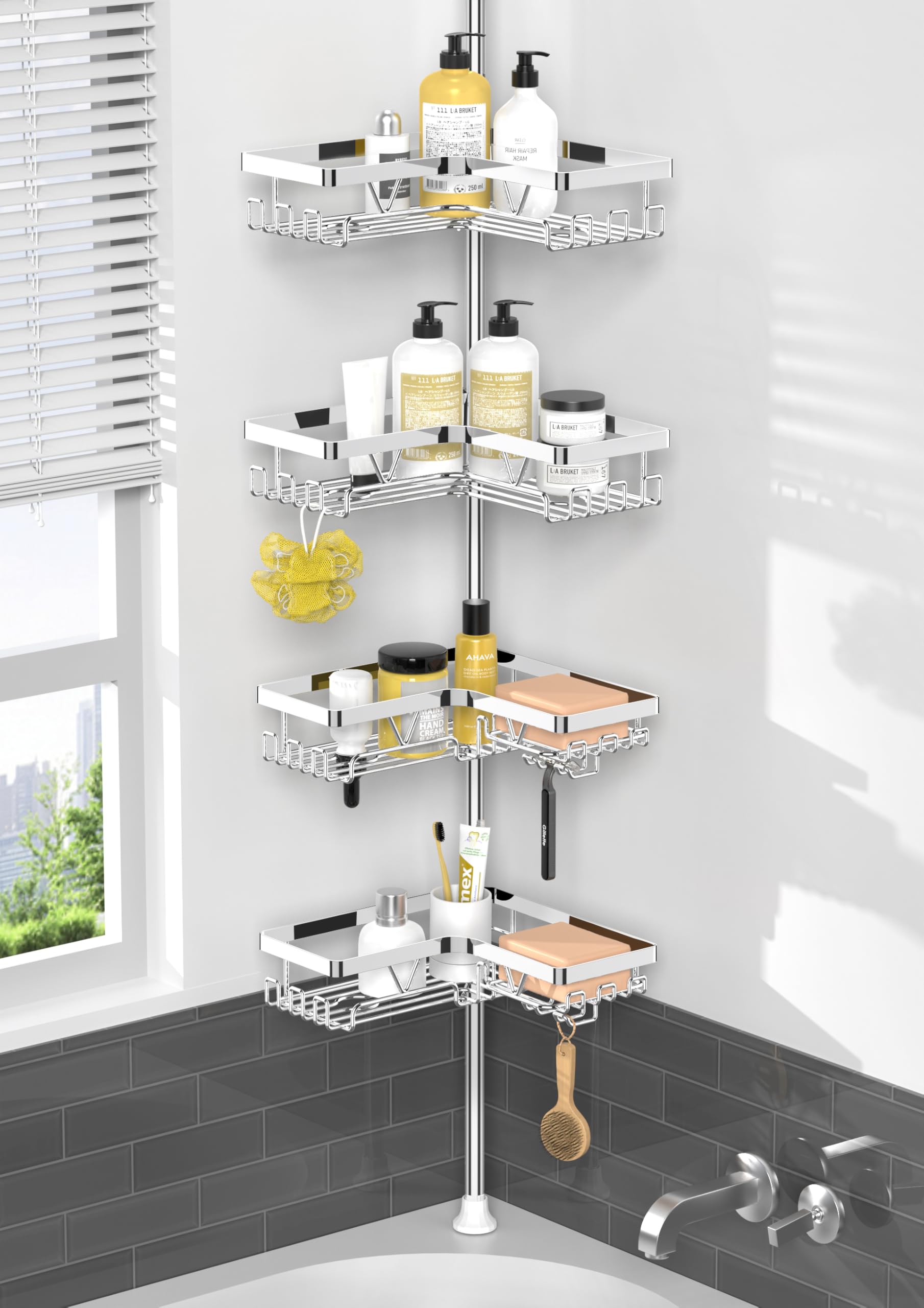 Kegii Telescopic Shower Caddy – 4 Tier Adjustable Chrome Corner Shelf