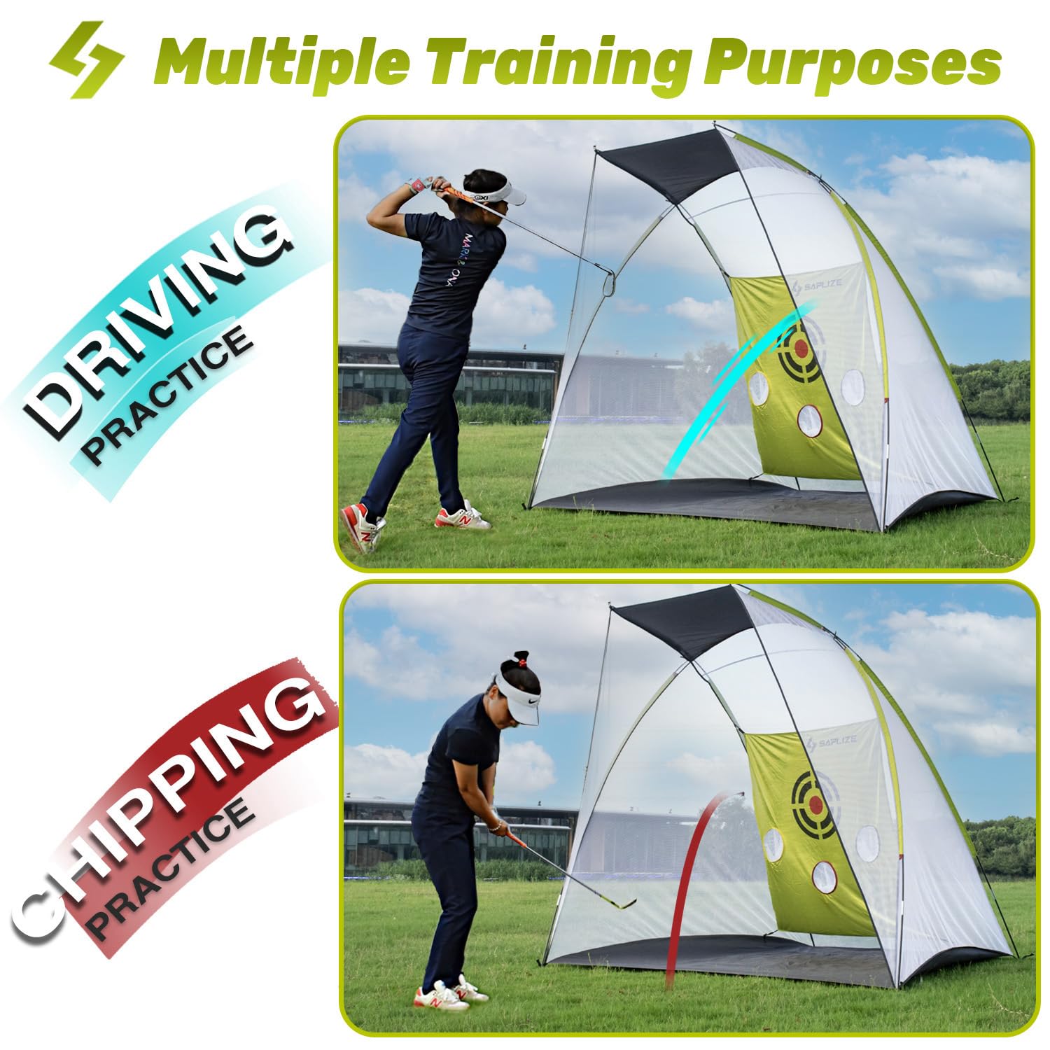 SAPLIZE 10x7ft Golf Practice Net | Ultra-Stable Hitting Net with Tri-Turf Mat