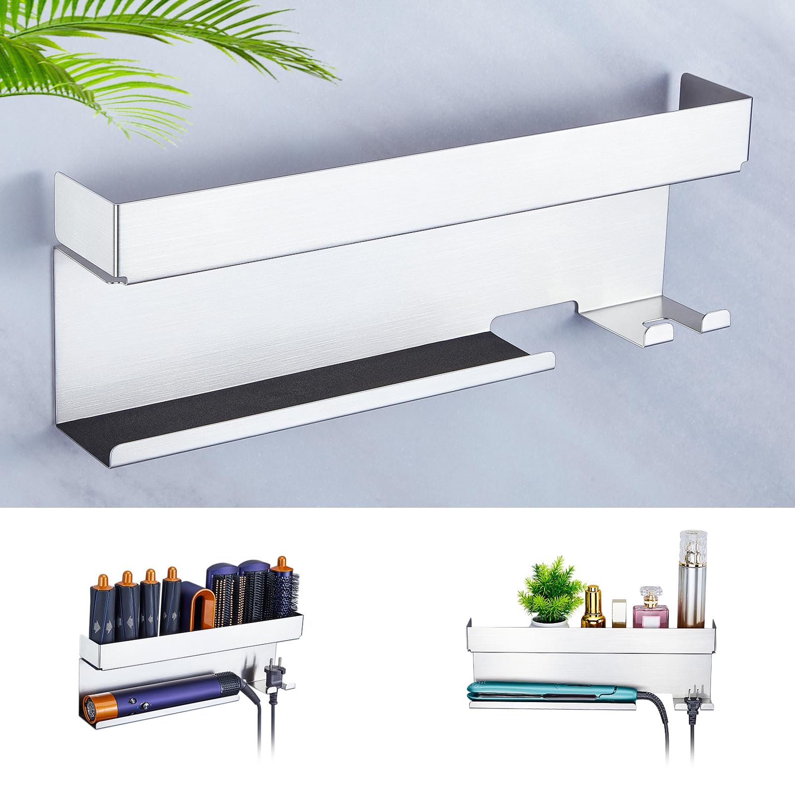 WAYASI Hair Dryer Holder Wall Mount | Metal Hair Tool Organizer - Silver