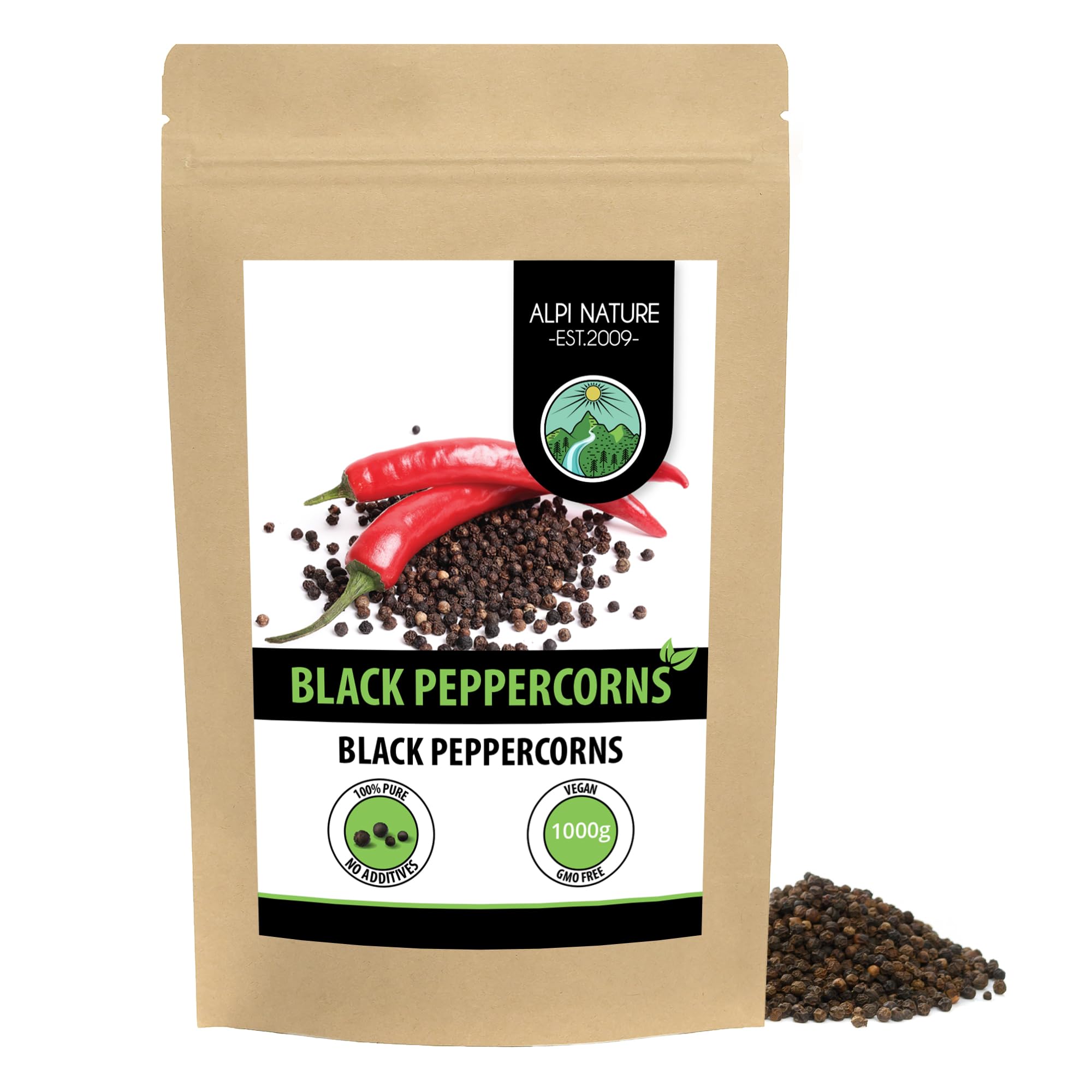 Alpi Nature Whole Black Peppercorns – 1kg (2.2 lb) Bulk Cooking Spice