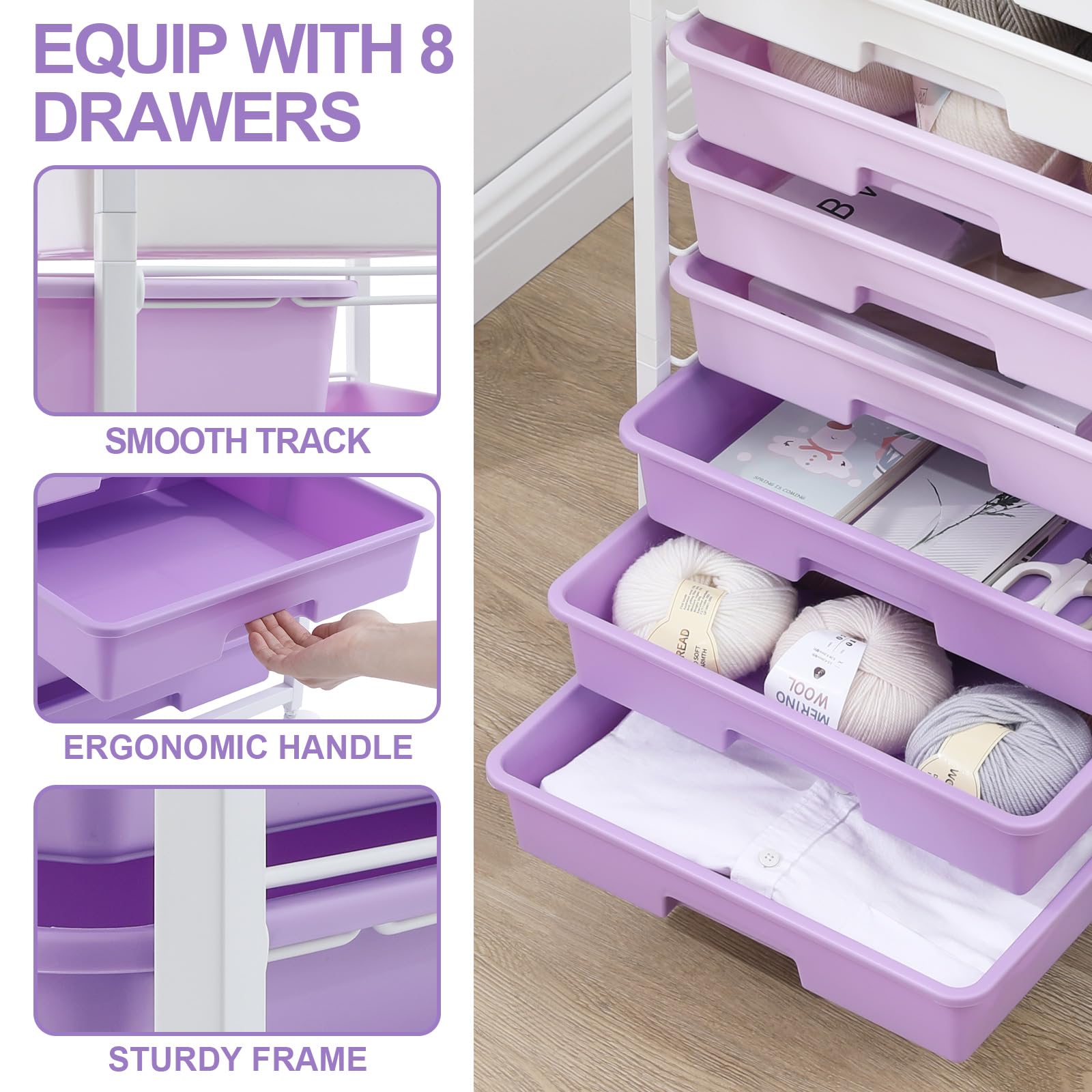SYKIARIOL 8-Drawer Rolling Storage Trolley | Wooden Top Utility Cart