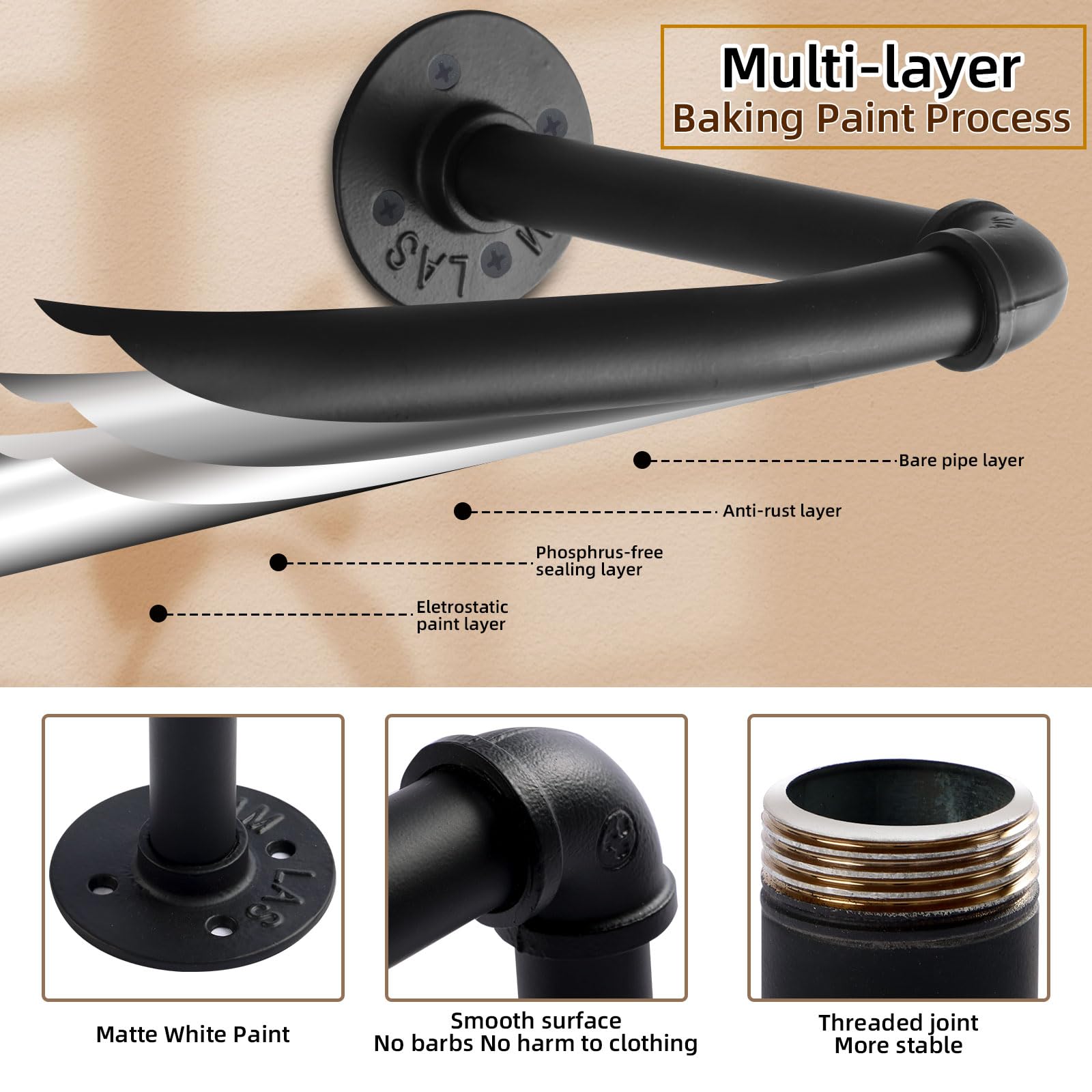 Industrial Pipe Wall Mount Clothes Rack, 97cm Black, 2 Pack