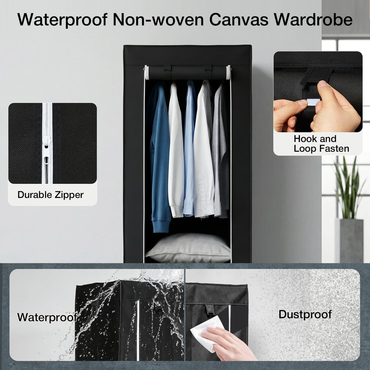 Single Canvas Wardrobe with 2 Drawers and Hanging Rail 160 x 59 x 43CM - image 4