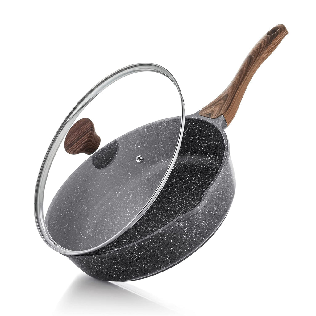 Sensarte Nonstick Deep Frying Pan | 28cm Granite Saute Pan with Glass Lid