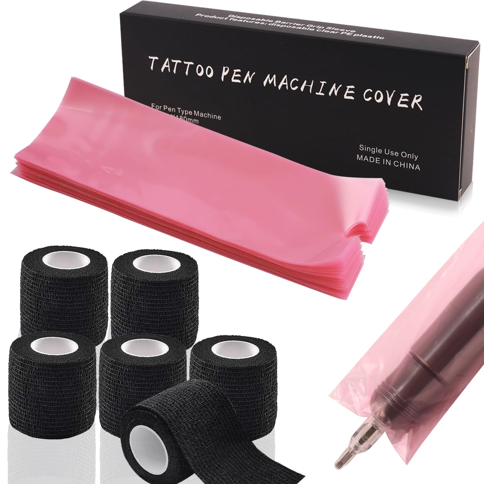 Emalla Tattoo Pen Covers and Grip Tape Kit - 200 Bags & 6 Self-Adhesive Wraps