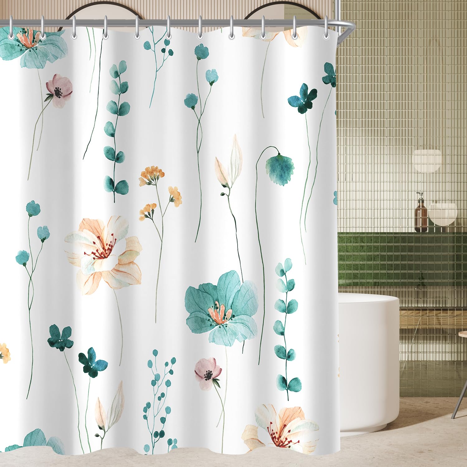 Jolof Store Teal Flower Shower Curtain | Anti-Mould Polyester, 240x200cm