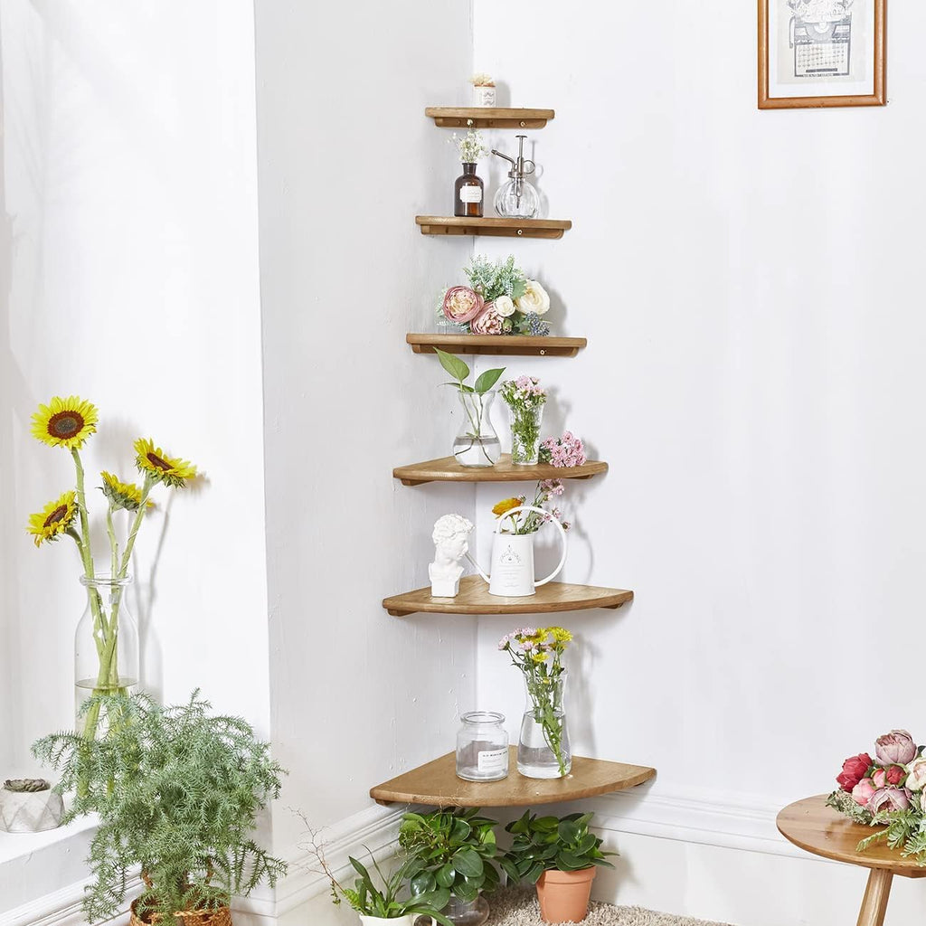 GIEANOO Solid Oak Wood Floating Corner Shelves with Wire Hole - Set of 2