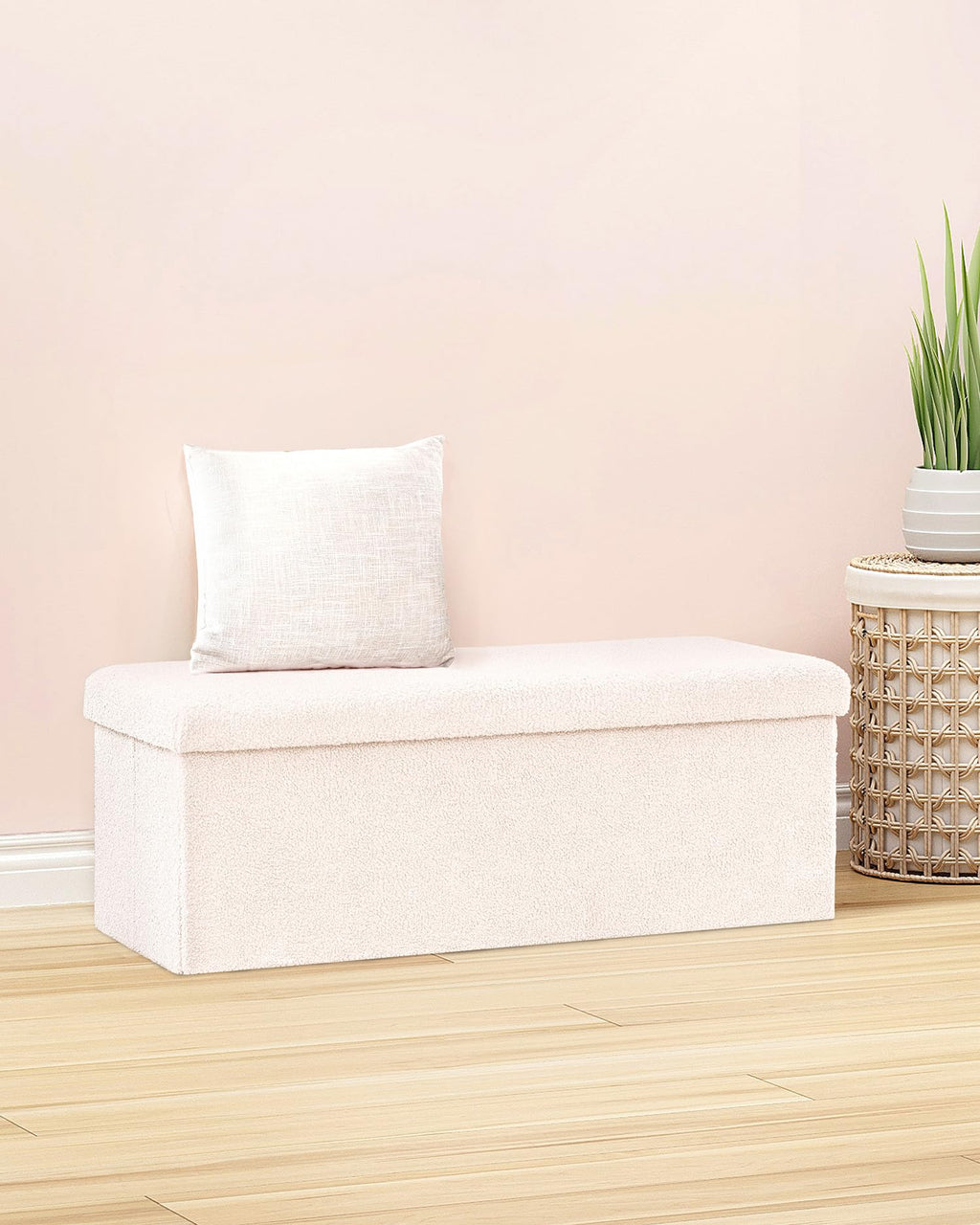 Bonlife White Boucle Folding Storage Ottoman Bench - 110cm Sherpa Footstool