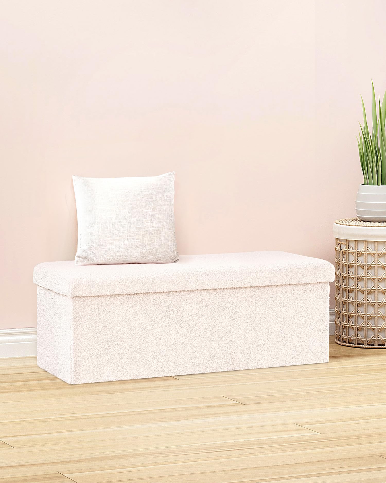 Bonlife White Boucle Folding Storage Ottoman Bench - 110cm Sherpa Footstool