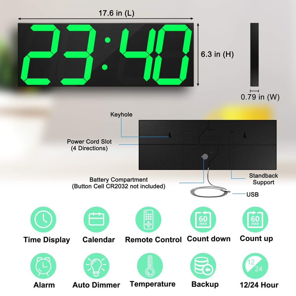 CHKOSDA 18" Large Digital LED Wall Clock with Countdown Timer – Ice Blue
