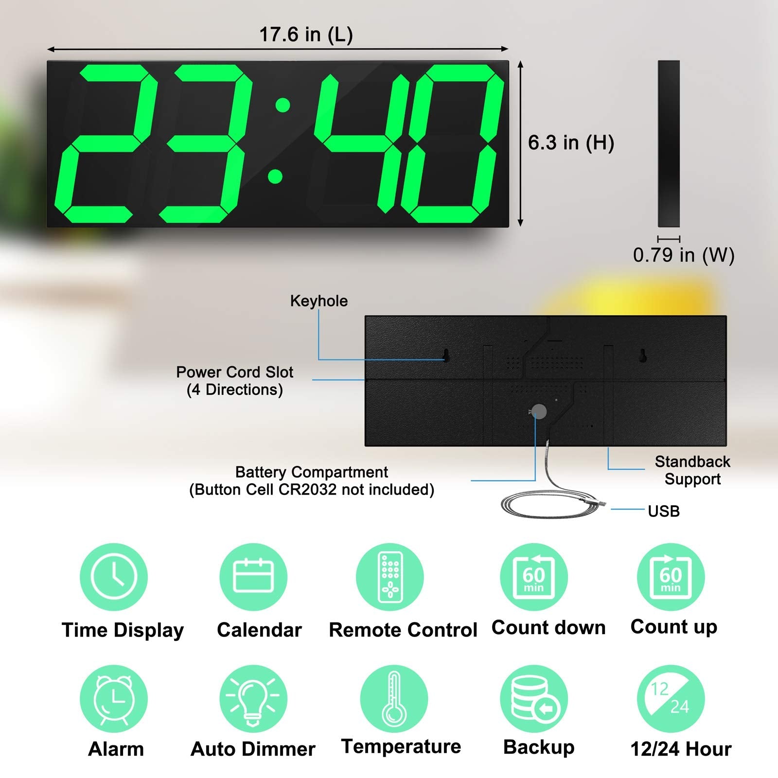 CHKOSDA 18" Large Digital LED Wall Clock with Countdown Timer – Ice Blue