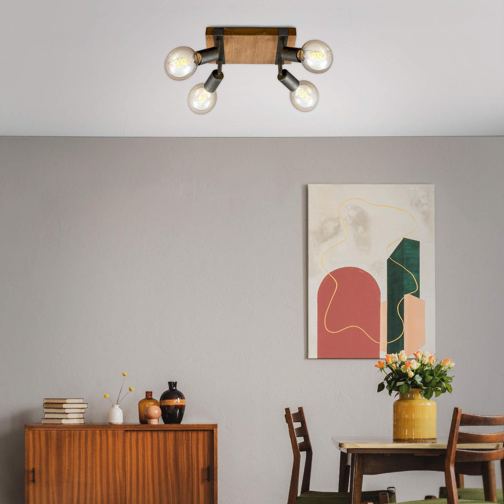 Briloner Vintage Ceiling Light – 4-Spot Rotatable Retro Lamp with Wood Base