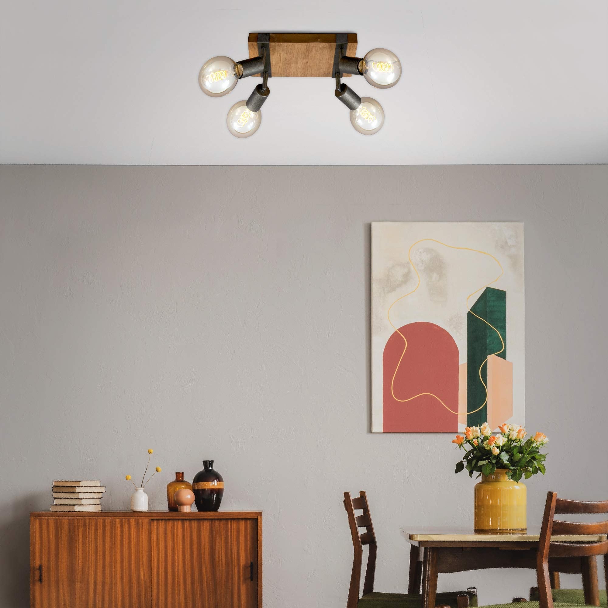 Briloner Vintage Ceiling Light – 4-Spot Rotatable Retro Lamp with Wood Base