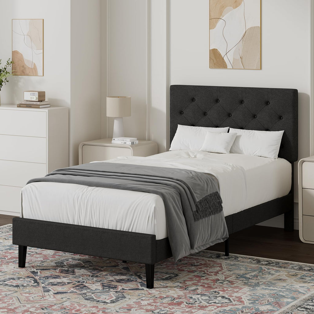 HOMBCK Single Bed Frame, 90 x 190 cm, with Adjustable Upholstered Headboard, Heavy Duty 256kg Weight Capacity, Easy Assembly, No Box Spring Needed - image 4