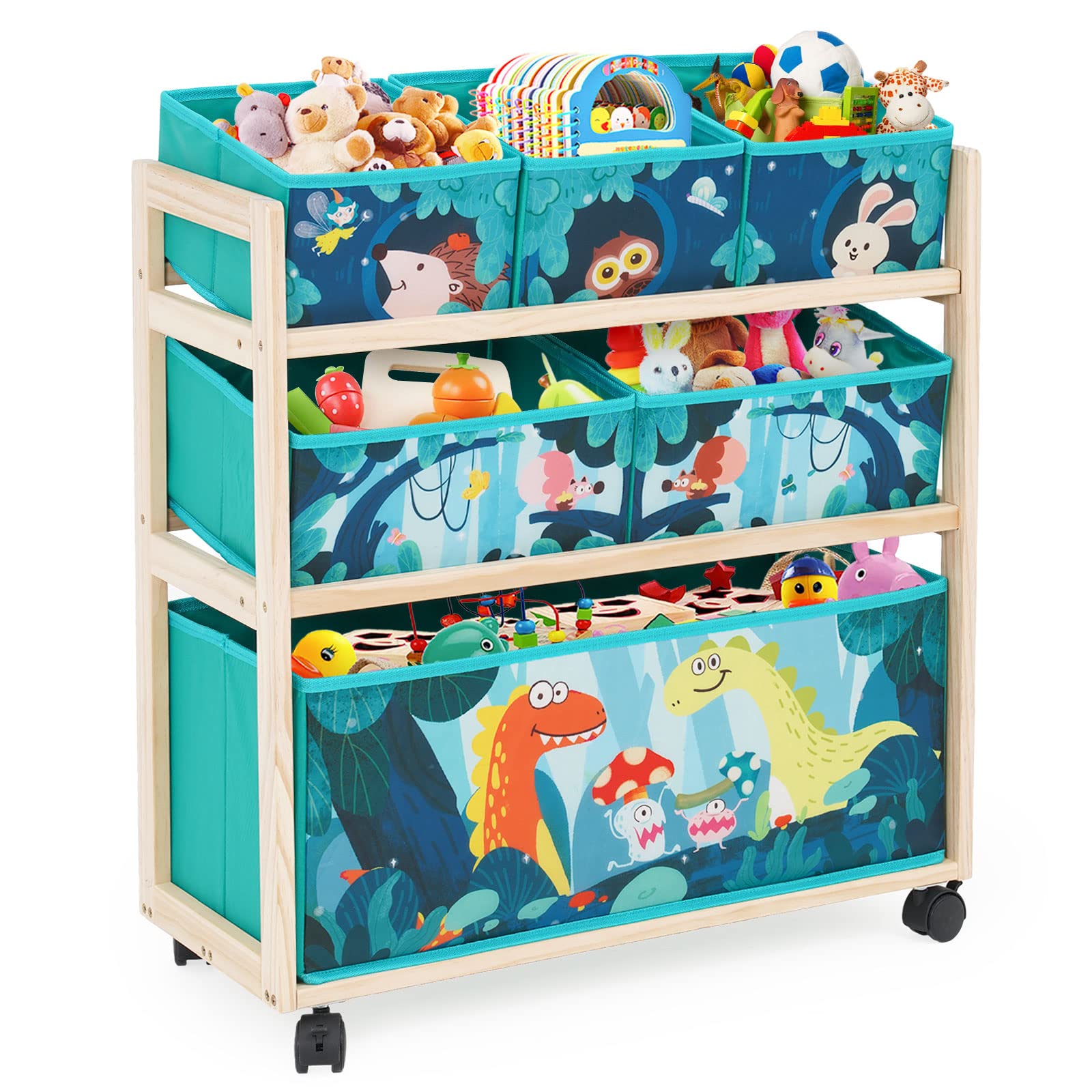 HOMCENT Kids Toy Storage Organizer | Rolling Wood Cart with 6 Bins