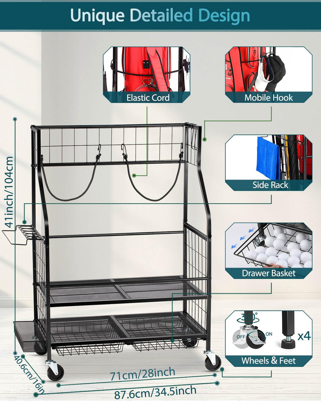 EXTCCT Golf Bag Storage Garage Organizer | Mobile 2-Bag Steel Rack