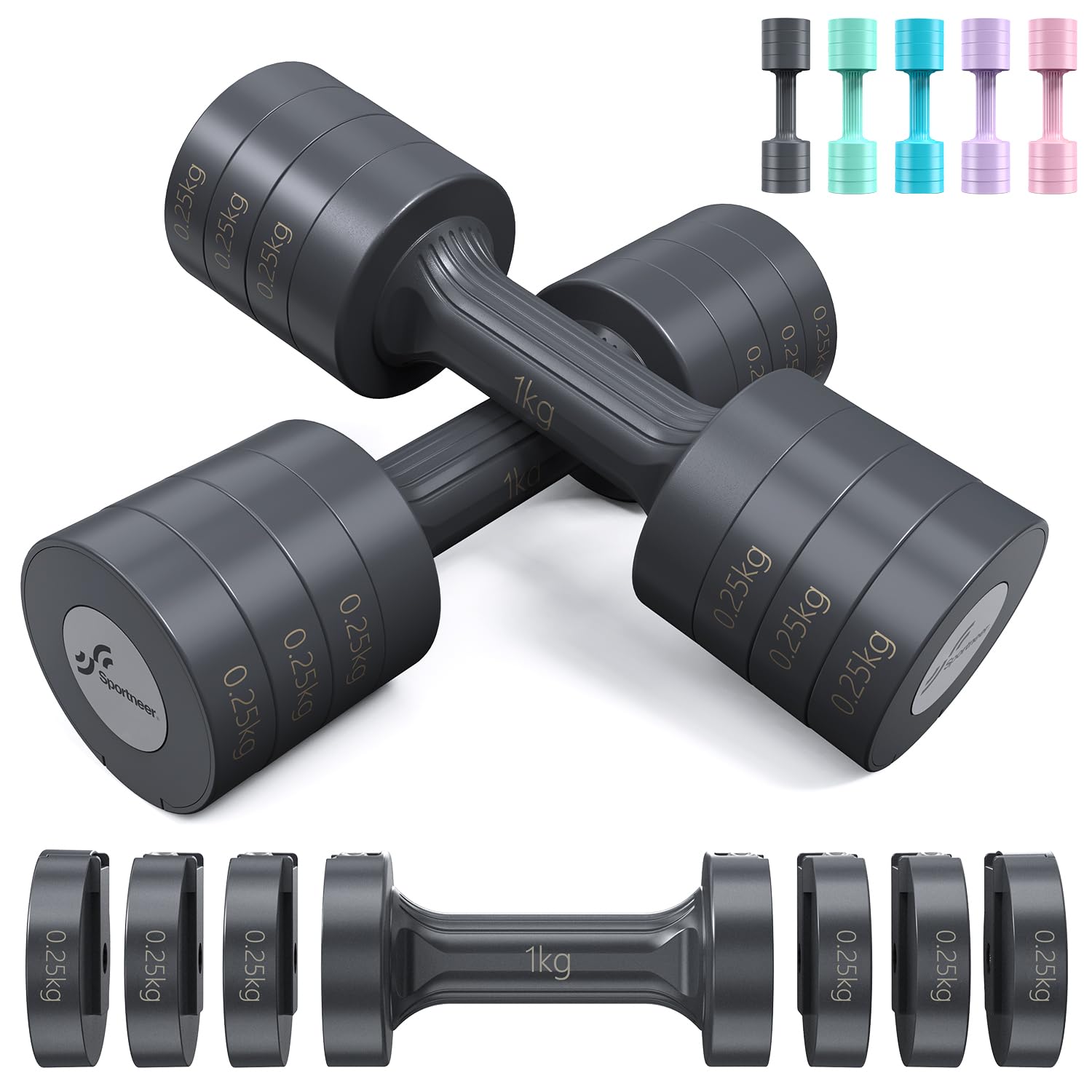 Sportneer 4-in-1 Adjustable Dumbbells Set for Women, 1kg-2.5kg Pair