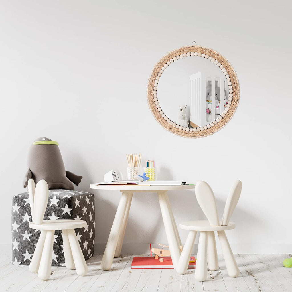 SWTHONY 15 Inch Boho Round Rattan Wall Mirror | Wicker & Wood Bead Decor