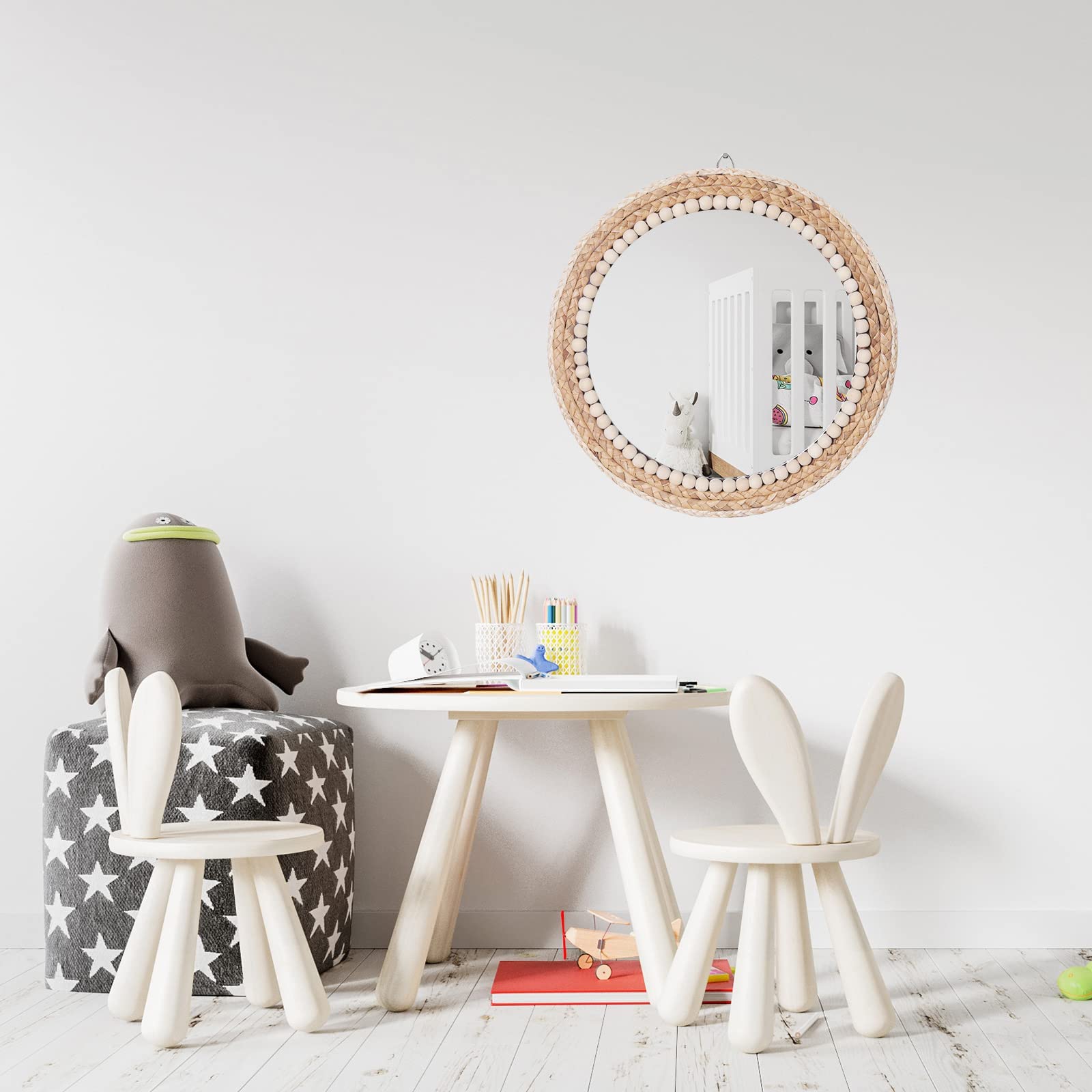 SWTHONY 15 Inch Boho Round Rattan Wall Mirror | Wicker & Wood Bead Decor